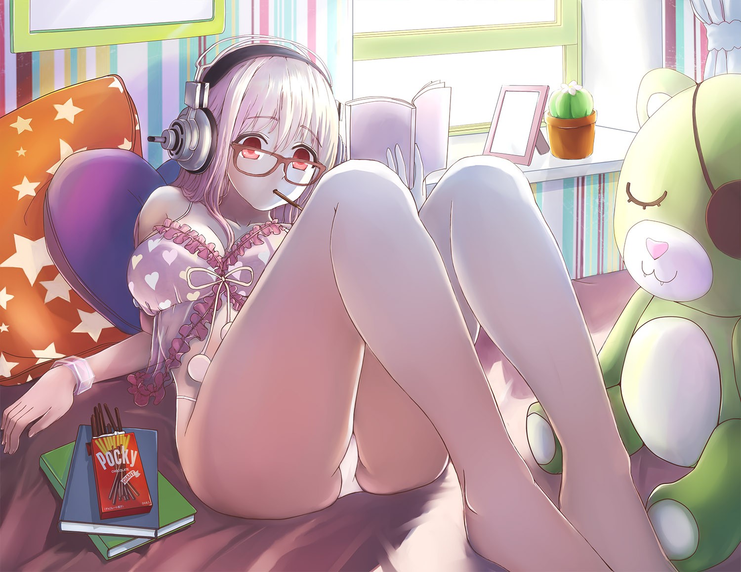 Anime 1500x1159 anime anime girls Nitroplus Super Sonico glasses bedroom knees thighs panties headphones women indoors books red eyes women with glasses pillow plush toy window cactus food sweets white panties