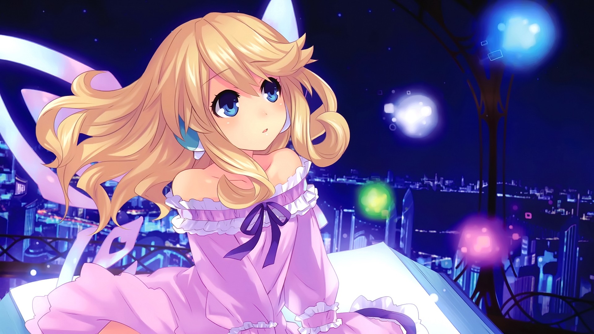 Anime 1920x1080 anime anime girls Hyperdimension Neptunia mk2 blonde blue eyes long hair open mouth city wings looking up pink dress pink clothing