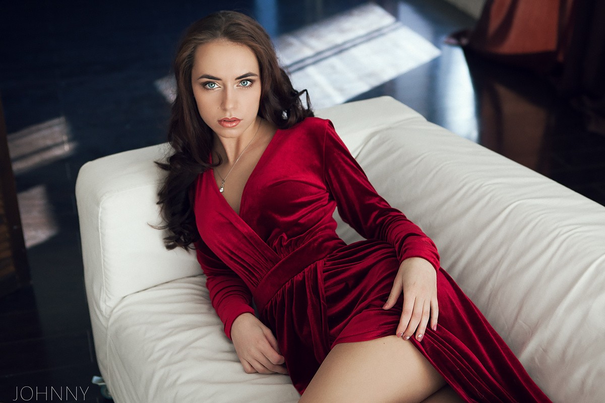 People 1200x800 women red dress couch portrait lying down brunette long hair model