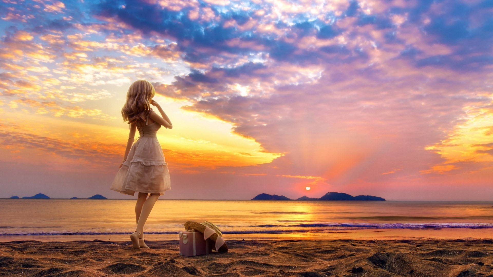 General 1920x1080 blonde long hair nature water doll miniatures white dress sea sand beach sunset clouds hat suitcase toys