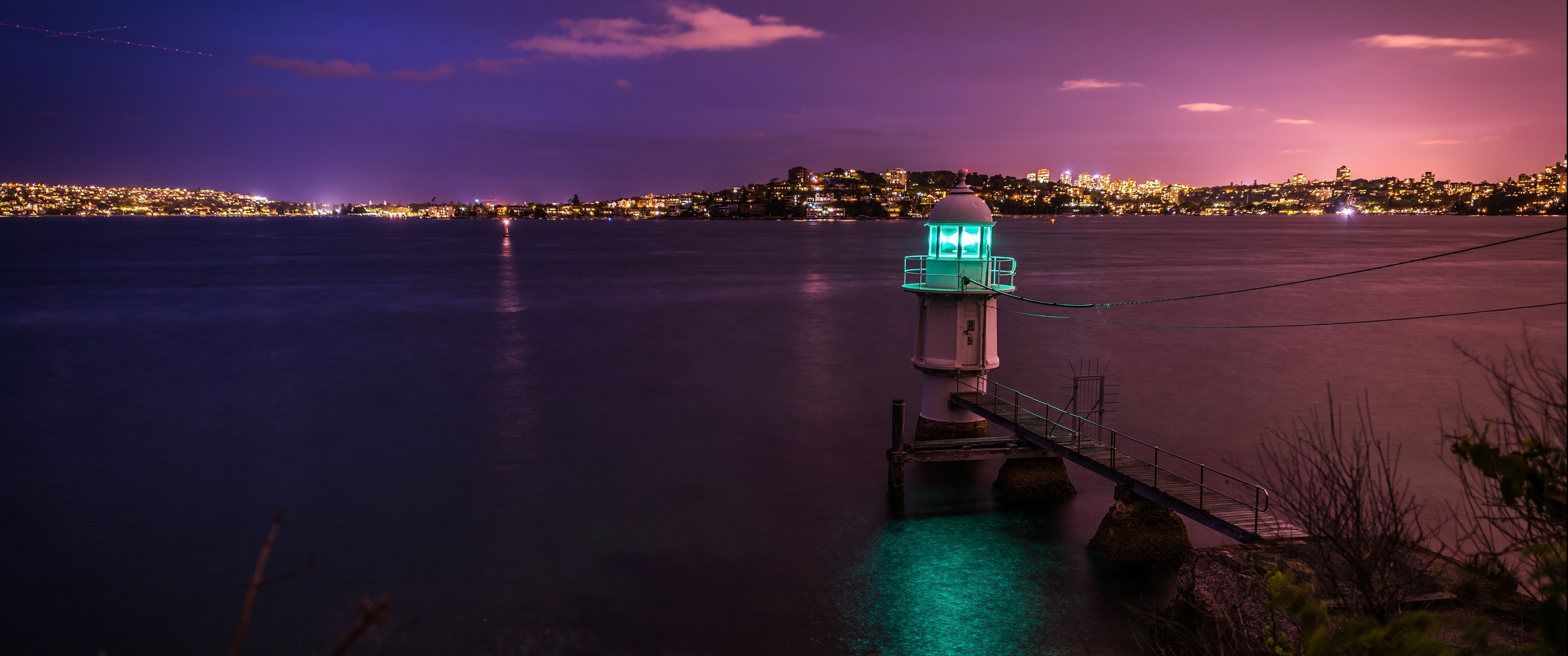 General 3440x1440 lighthouse harbor night outdoors city lights low light ultrawide water sea