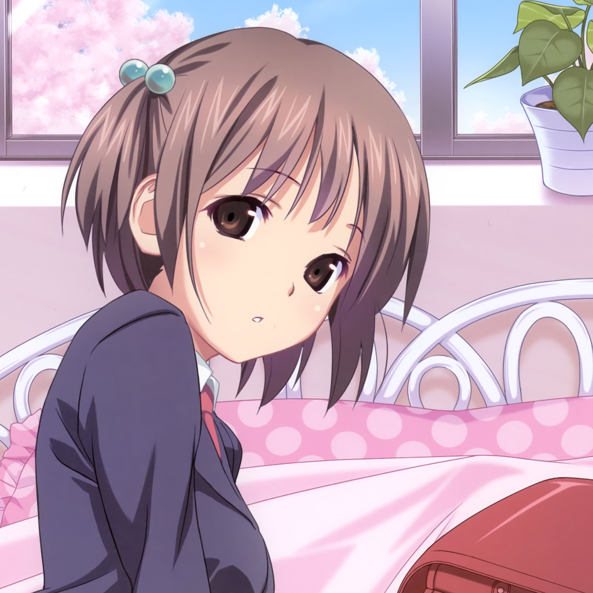 Anime 2048x2048 anime girls bed anime brunette brown eyes looking at viewer