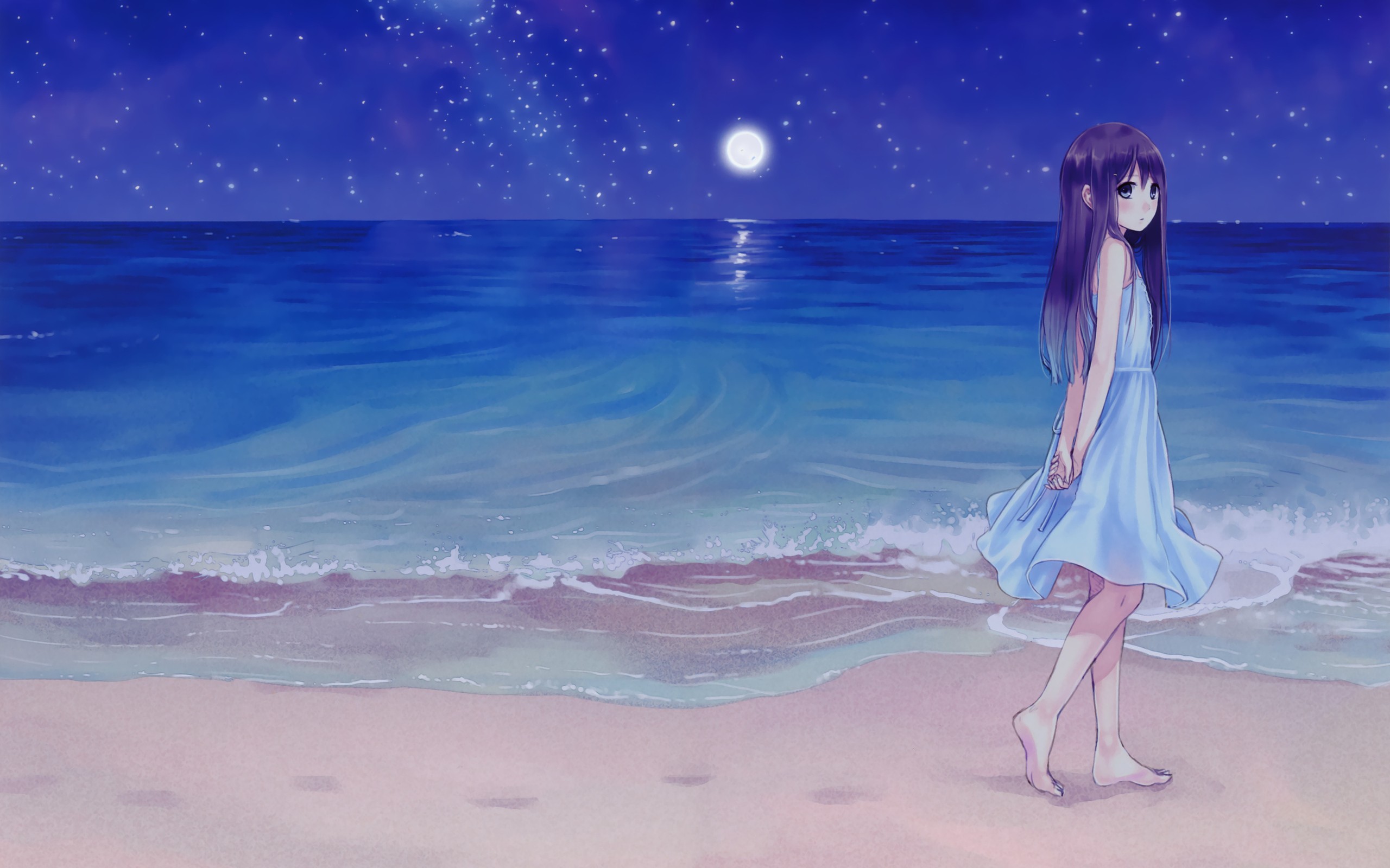 Anime 2560x1600 anime girls sea night sky Moon beach anime barefoot sand women on beach long hair purple hair