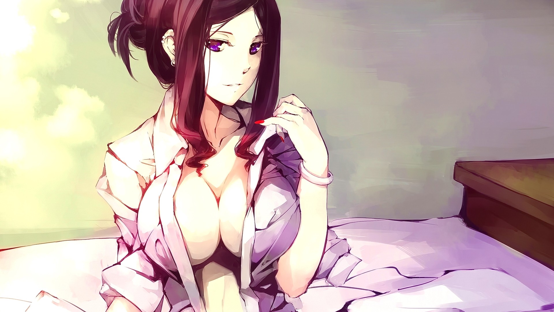 Anime 1920x1080 anime anime girls cleavage open shirt original characters brunette smiling long hair in bed purple eyes boobs big boobs huge breasts women curvy red nails painted nails