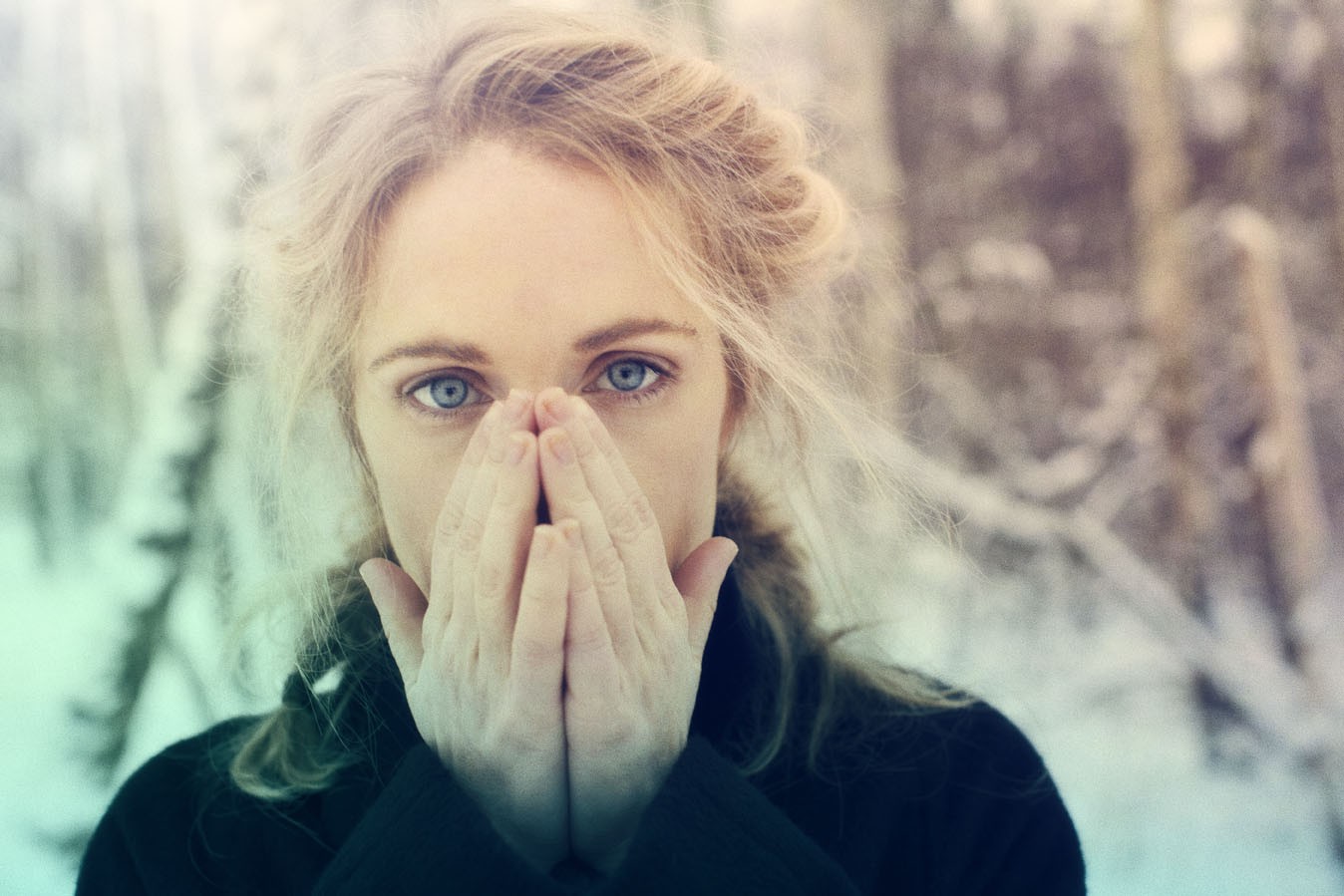 People 1348x899 women musician blue eyes hand on face braids women outdoors looking at viewer blonde black coat coats outdoors