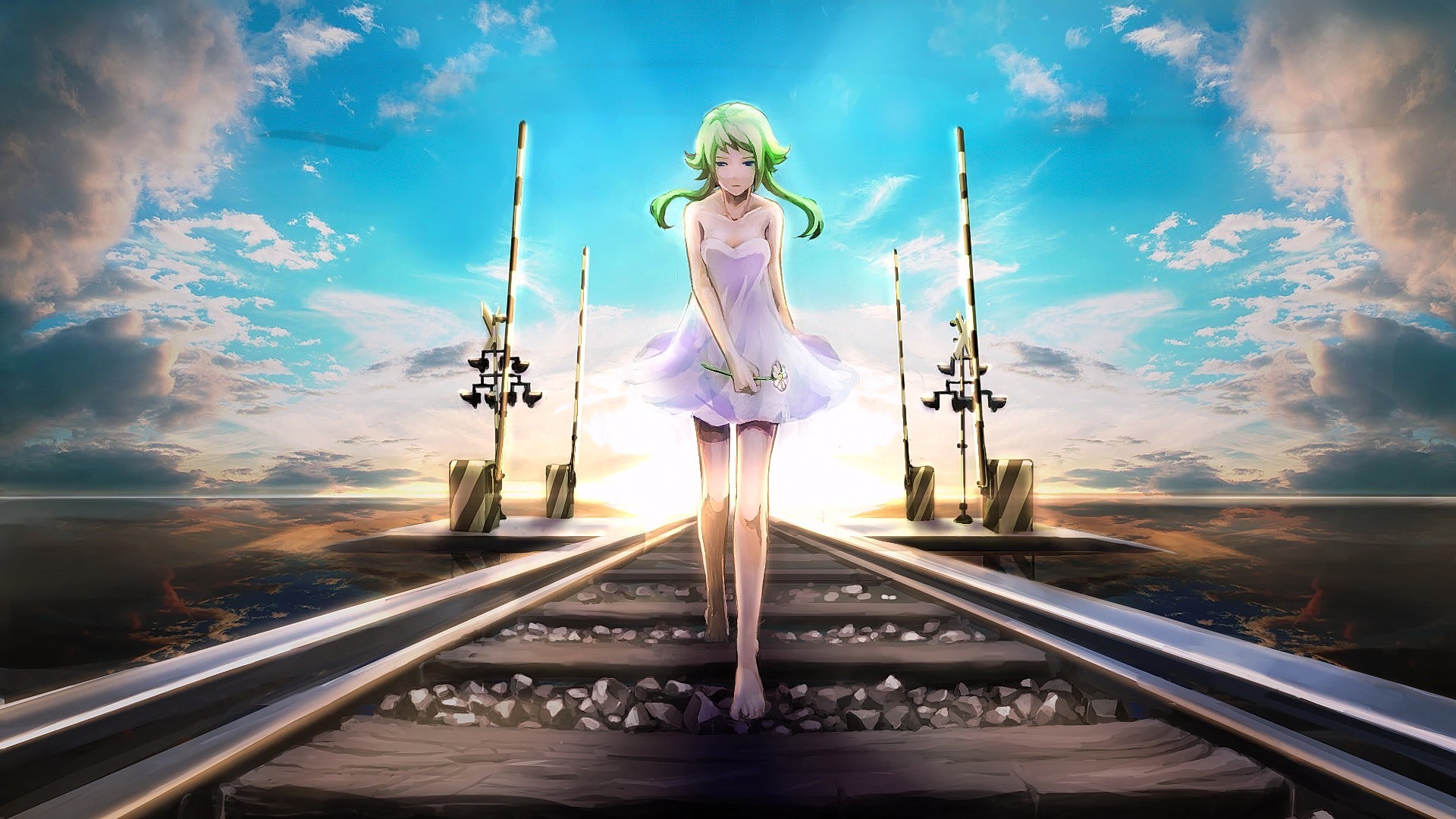 Anime 1920x1080 anime anime girls Vocaloid Megpoid Gumi railway women outdoors sky barefoot green hair