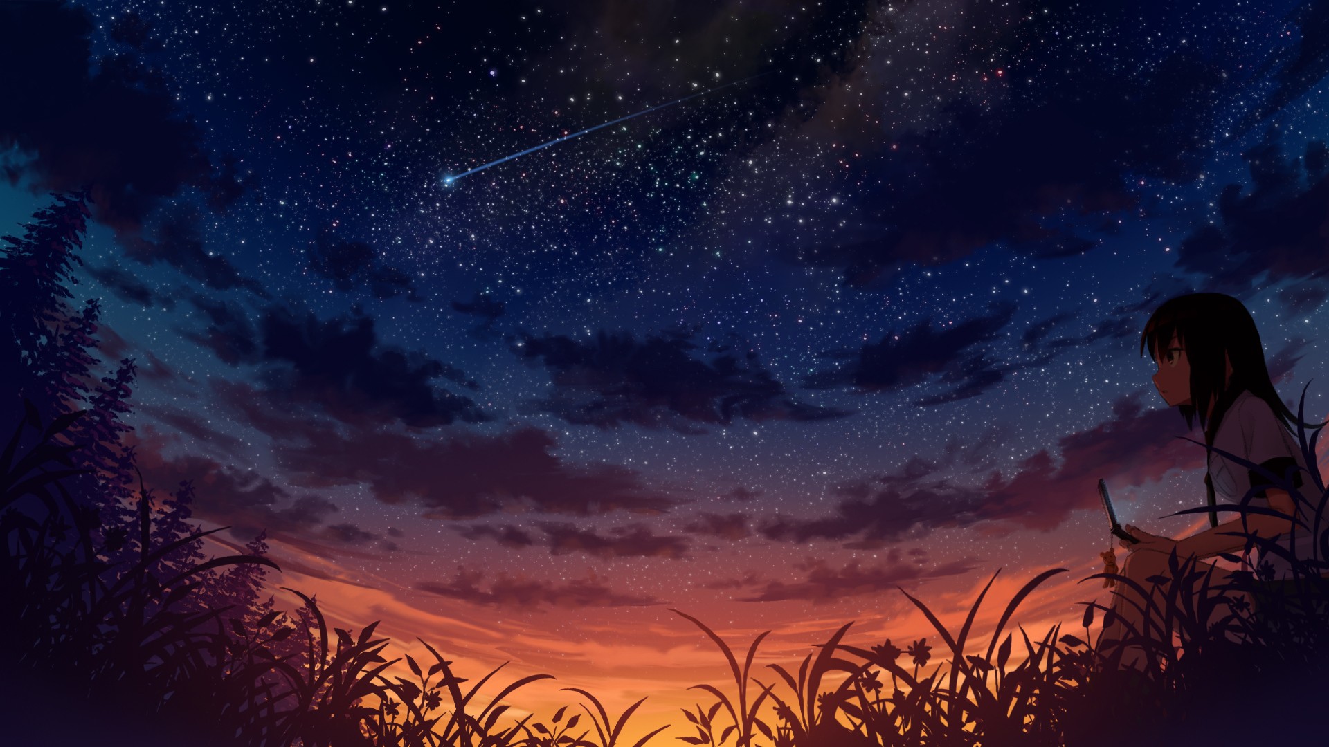 Anime 1920x1080 anime stars sky clouds sunset grass trees sunlight