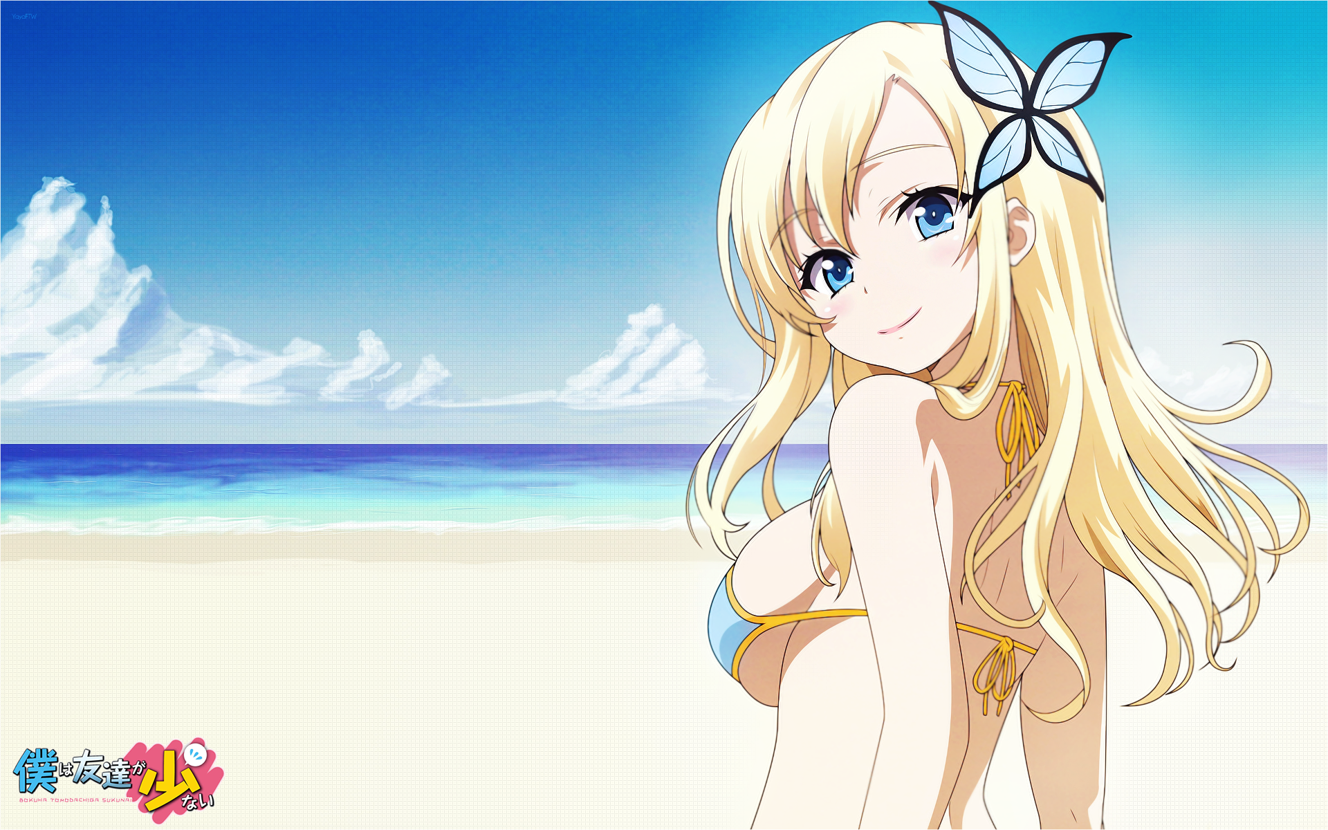 Anime 1920x1200 anime anime girls beach Boku wa Tomodachi ga Sukunai Kashiwazaki Sena blonde butterfly blue eyes women on beach boobs big boobs long hair looking at viewer sky horizon