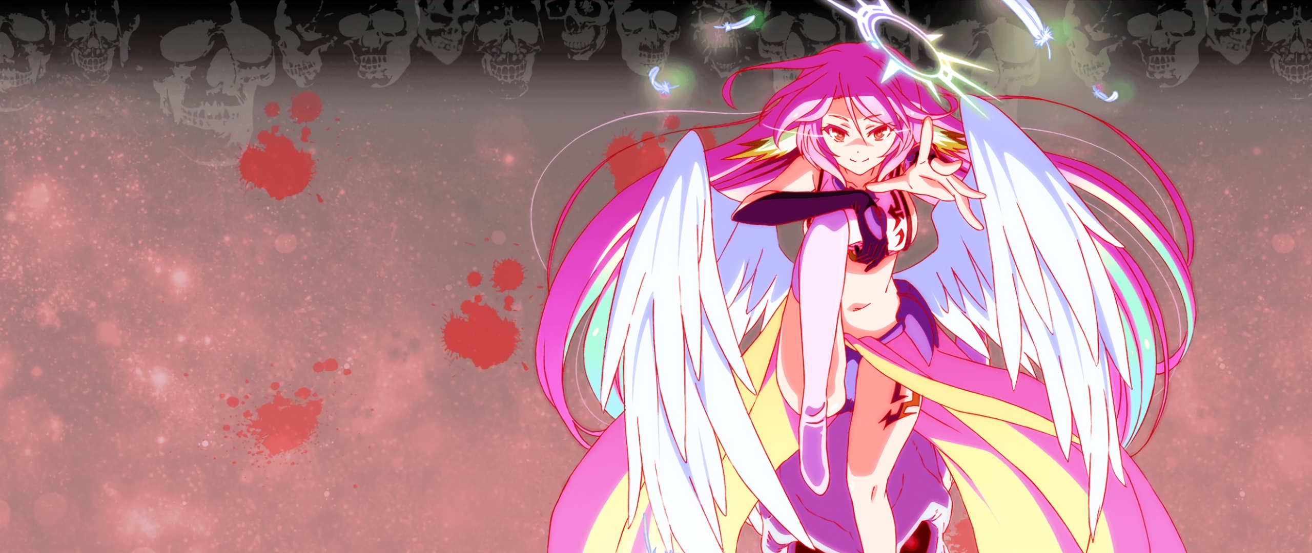 Anime 2560x1080 Jibril No Game No Life anime girls wings pink hair anime fantasy art fantasy girl long hair blood