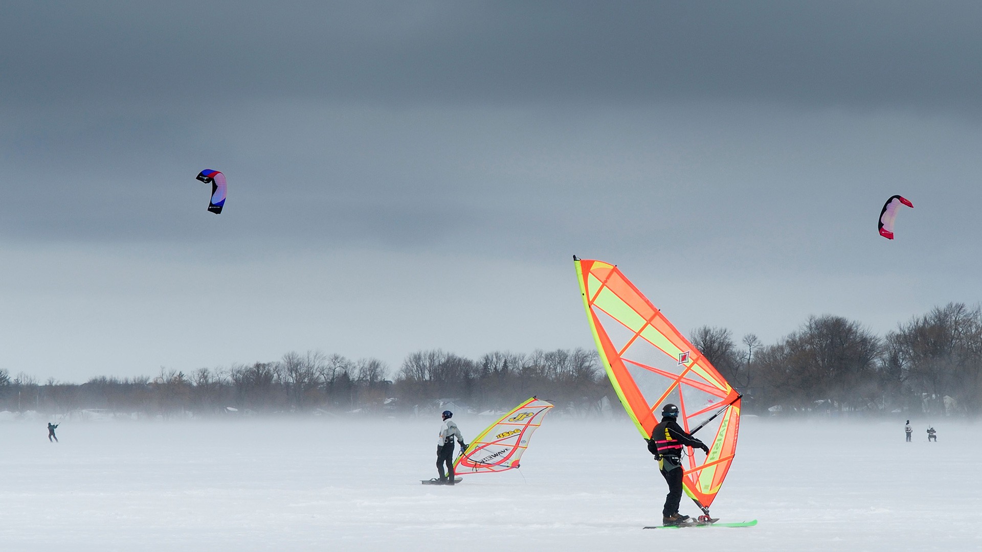 People 1920x1080 nature landscape sport sky men kite surfing winter snow parachutes trees windy