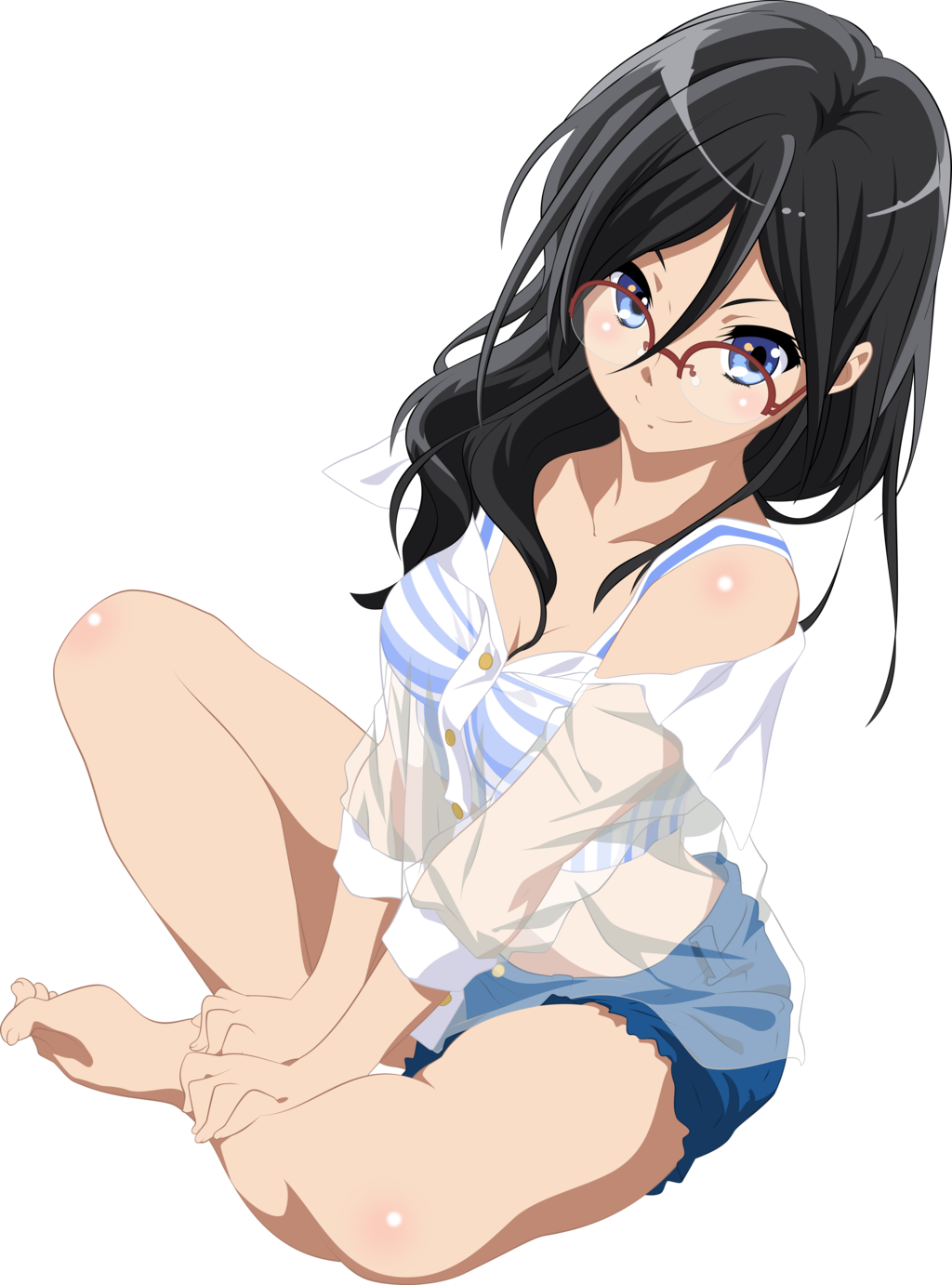 Anime 1024x1382 Tanaka Asuka Hibike! Euphonium anime girls bikini blue eyes glasses cleavage see-through clothing black hair smiling barefoot