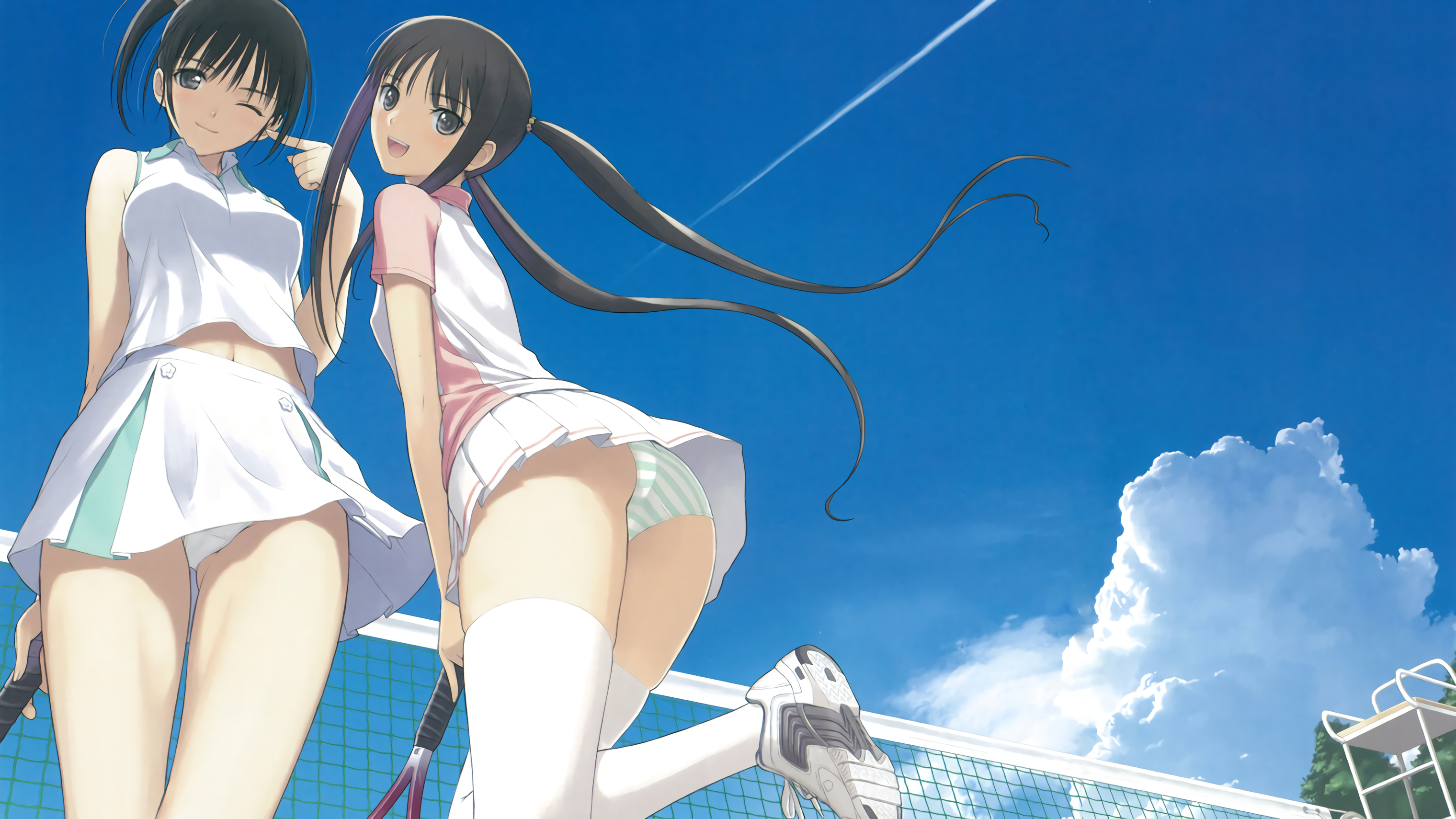 Anime 3040x1710 anime girls tennis sky ass summer striped panties Fault!! low-angle Tony Taka upskirt