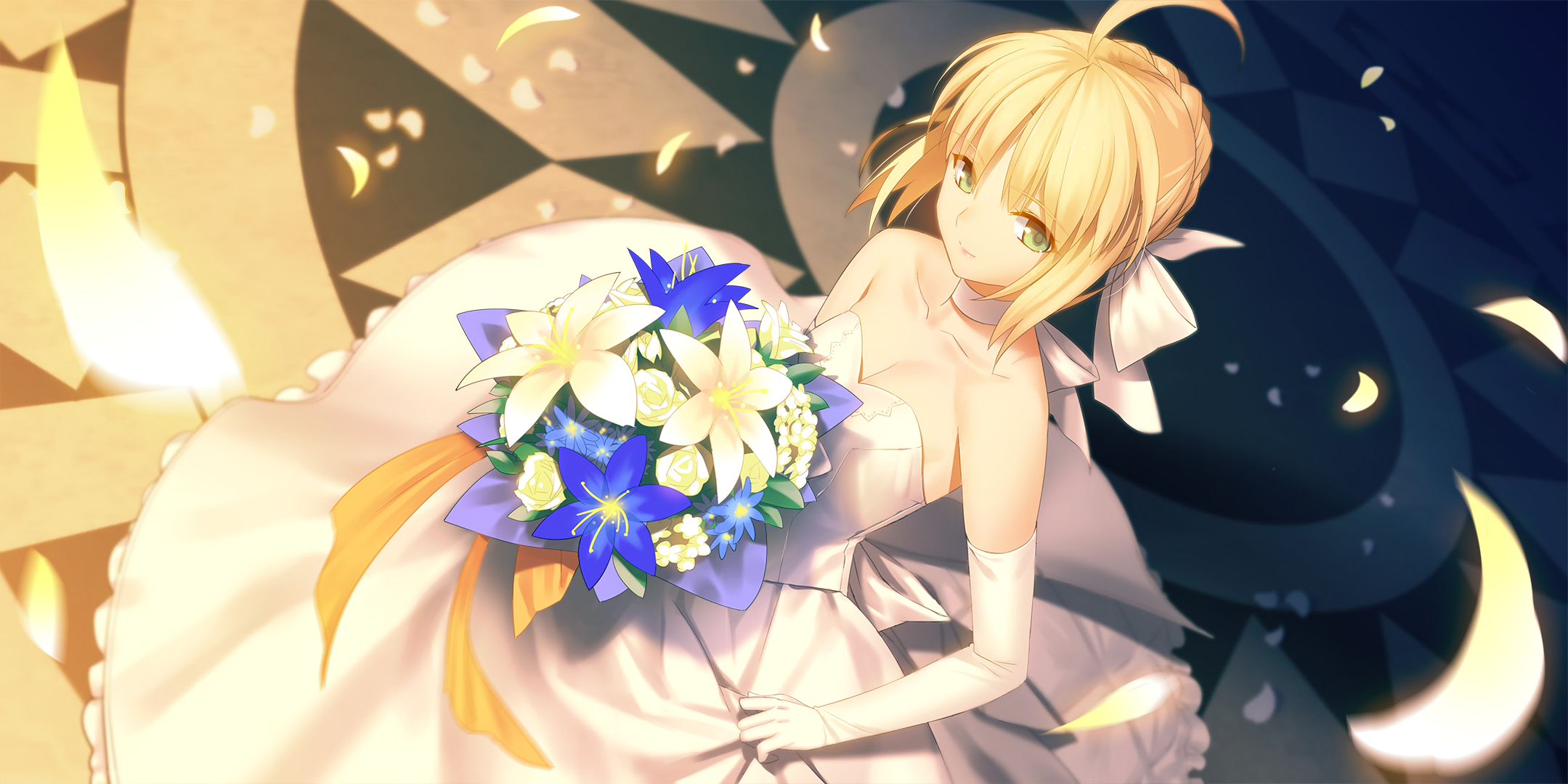 Anime 2159x1080 anime anime girls Fate/Stay Night Saber Fate series blonde choker elbow gloves flowers gloves green eyes wedding dress weddings petals ornamented cleavage