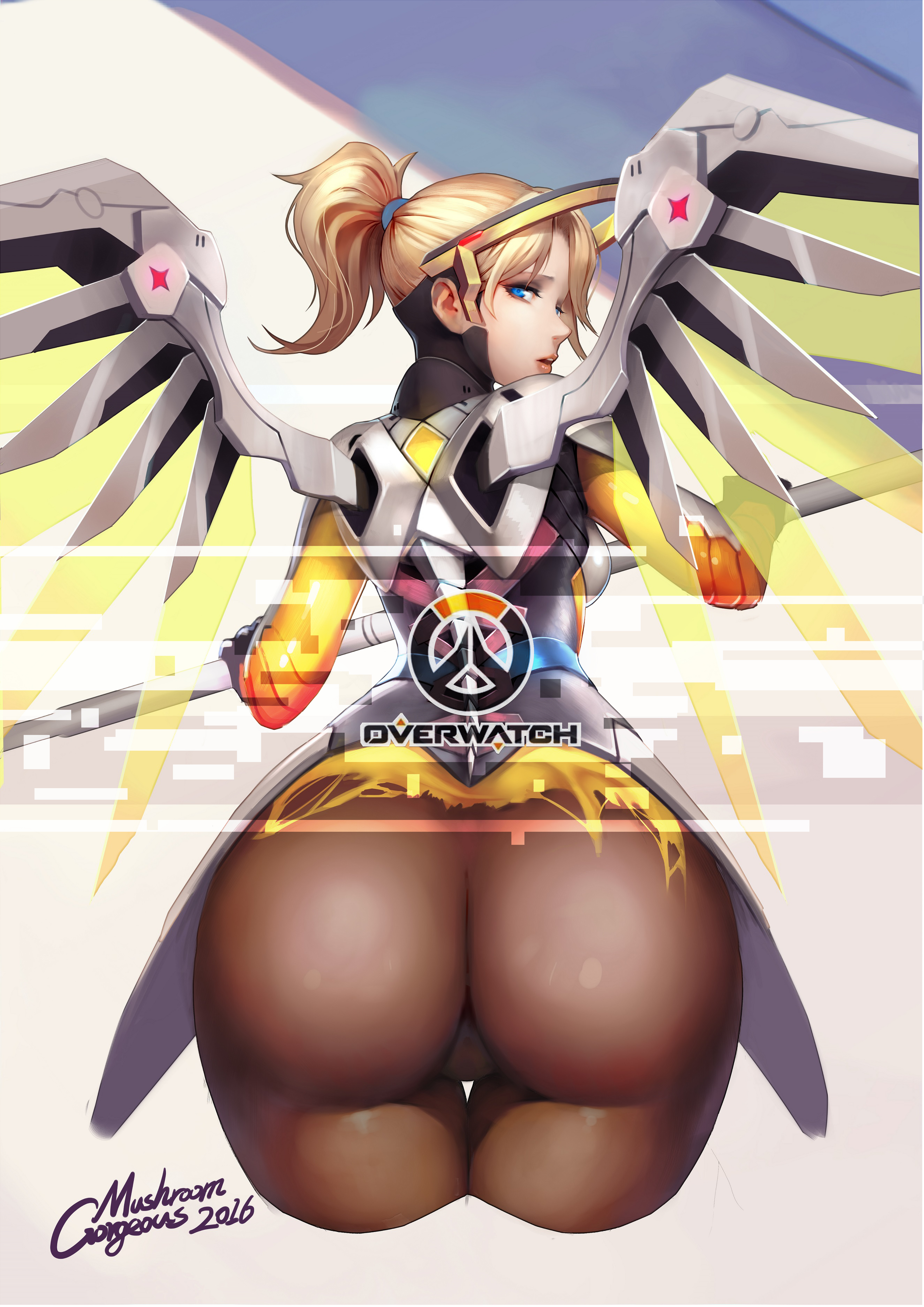 Anime 3751x5305 Gorgeous Mushroom Overwatch ass Mercy (Overwatch) blonde blue eyes ponytail PC gaming video game girls curvy rear view