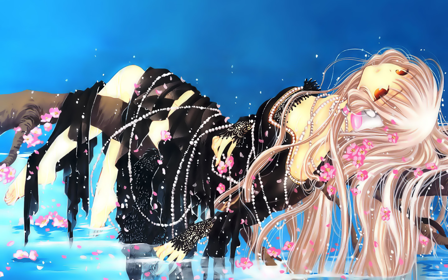Anime 1440x900 Chobits Chii anime girls red eyes blonde water flowers long hair