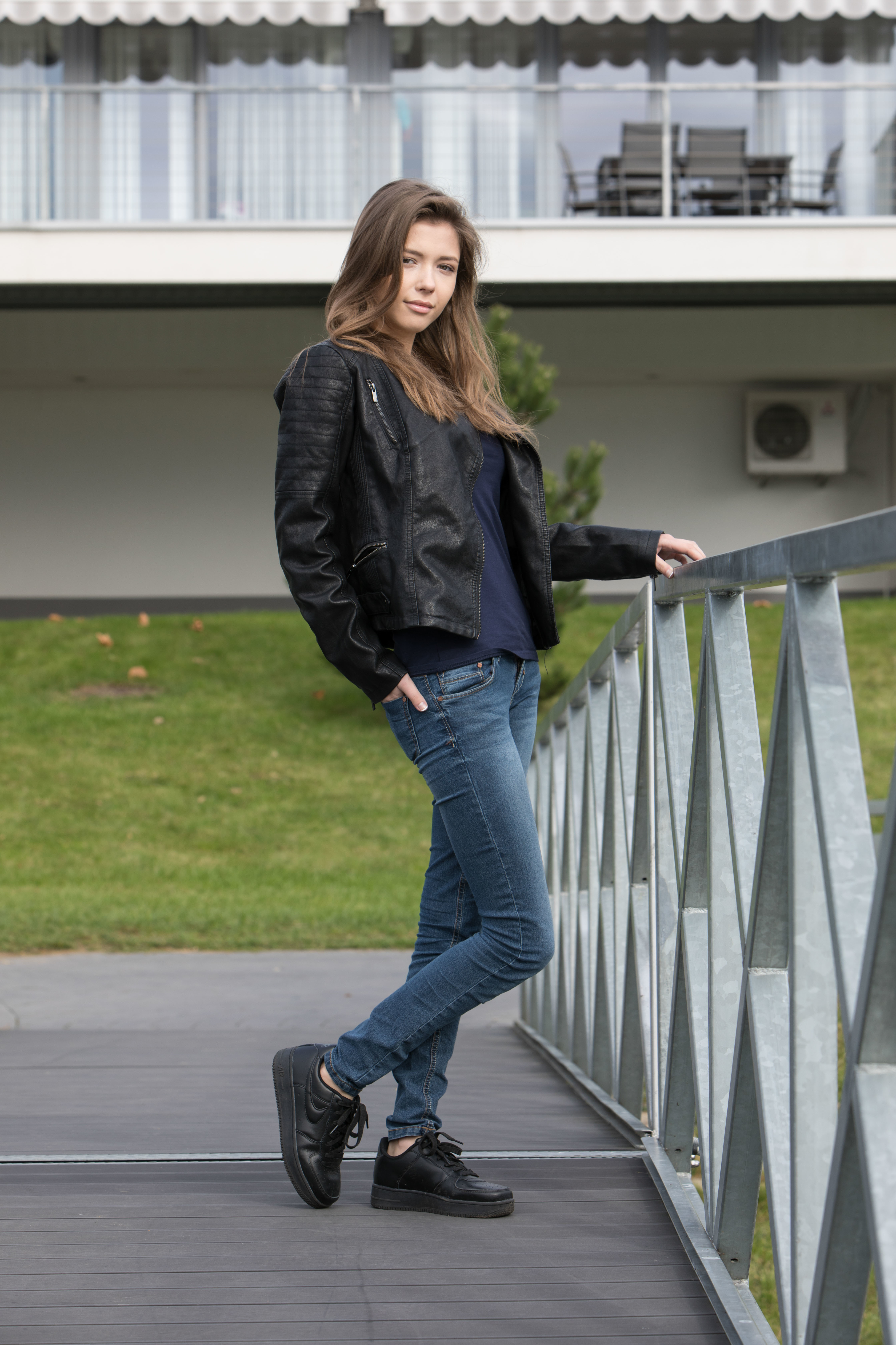 Mila Azul Women Outdoors Looking At Viewer Long Hair Women Hands In Pockets Leather Jacket 