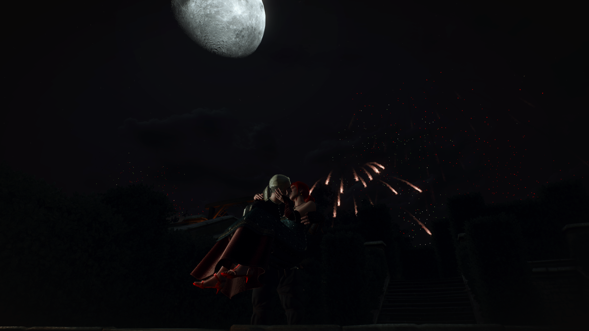 General 1920x1080 The Witcher 3: Wild Hunt video games dark RPG screen shot PC gaming Moon kissing fireworks
