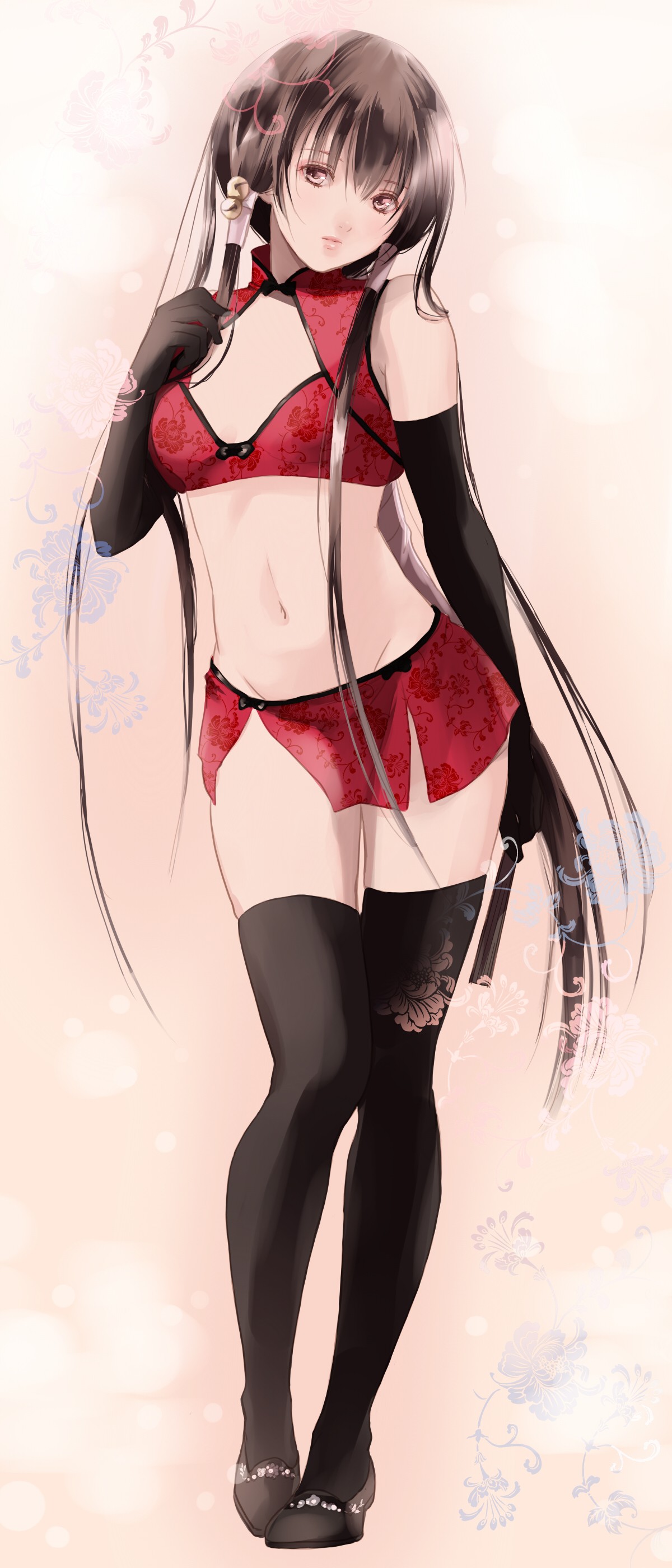 Anime 1200x2800 anime Fuuchouin Kazuki cleavage long hair legs GetBackers papillon10 portrait display Pixiv bra belly stockings black stockings lingerie brunette anime girls looking at viewer standing women simple background