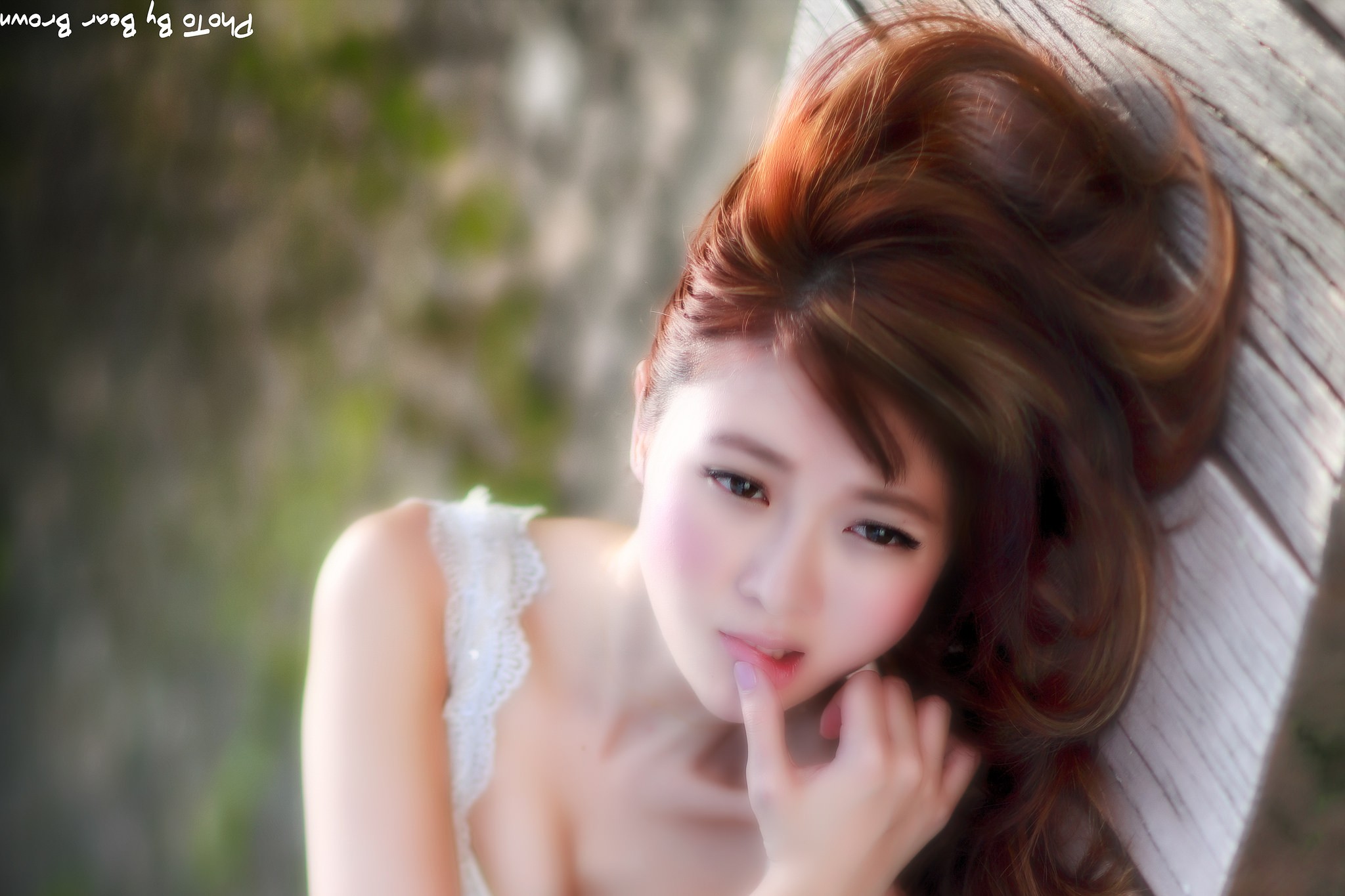 People 2048x1365 women auburn hair dyed hair face closeup multi-colored hair women outdoors portrait Asian model finger on lips