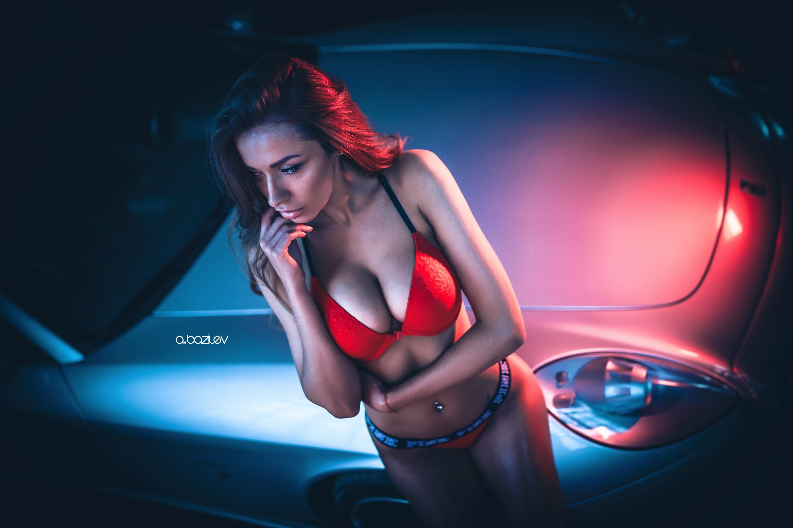 People 2560x1707 women model red lingerie women with cars pierced navel brunette Alex Bazilev Dashenka Strajova cleavage high angle watermarked boobs belly looking away car vehicle silver cars makeup red bra panties red panties