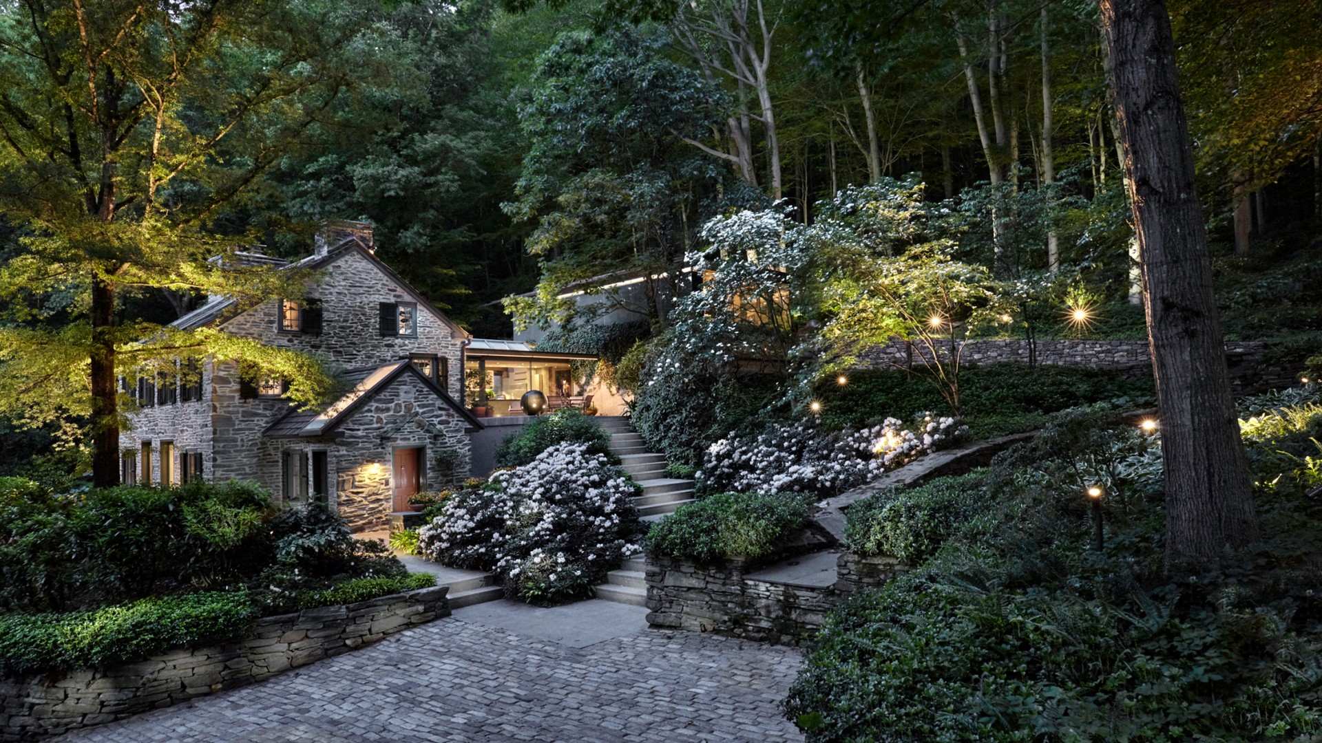General 1920x1080 England UK cottage forest lights Yorkshire stones stairs flowers garden
