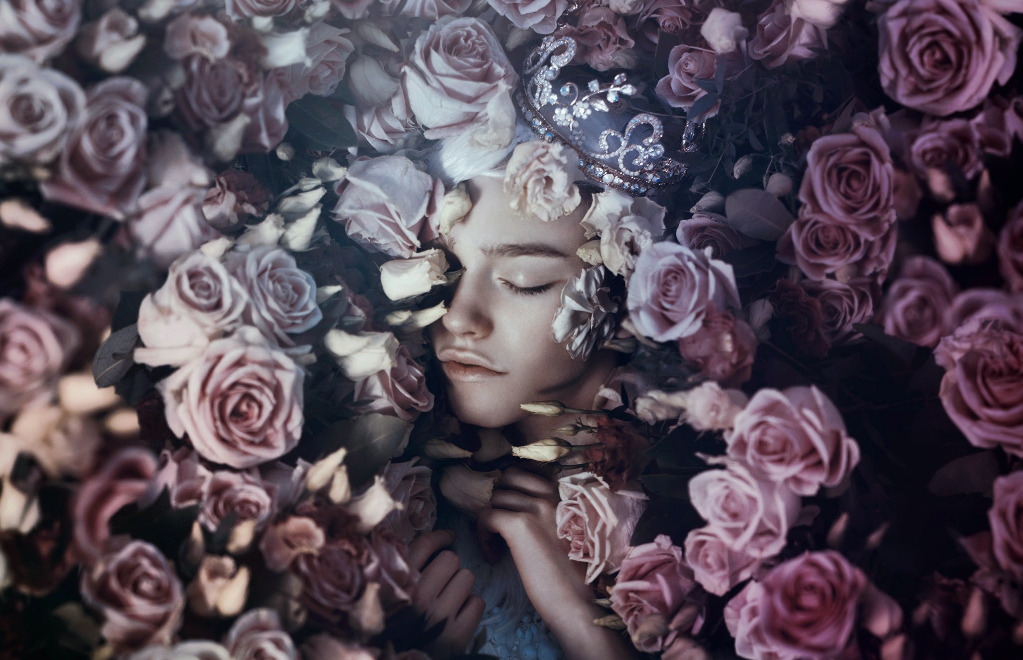 People 2048x1322 face closed eyes fantasy girl women model portrait rose flowers plants