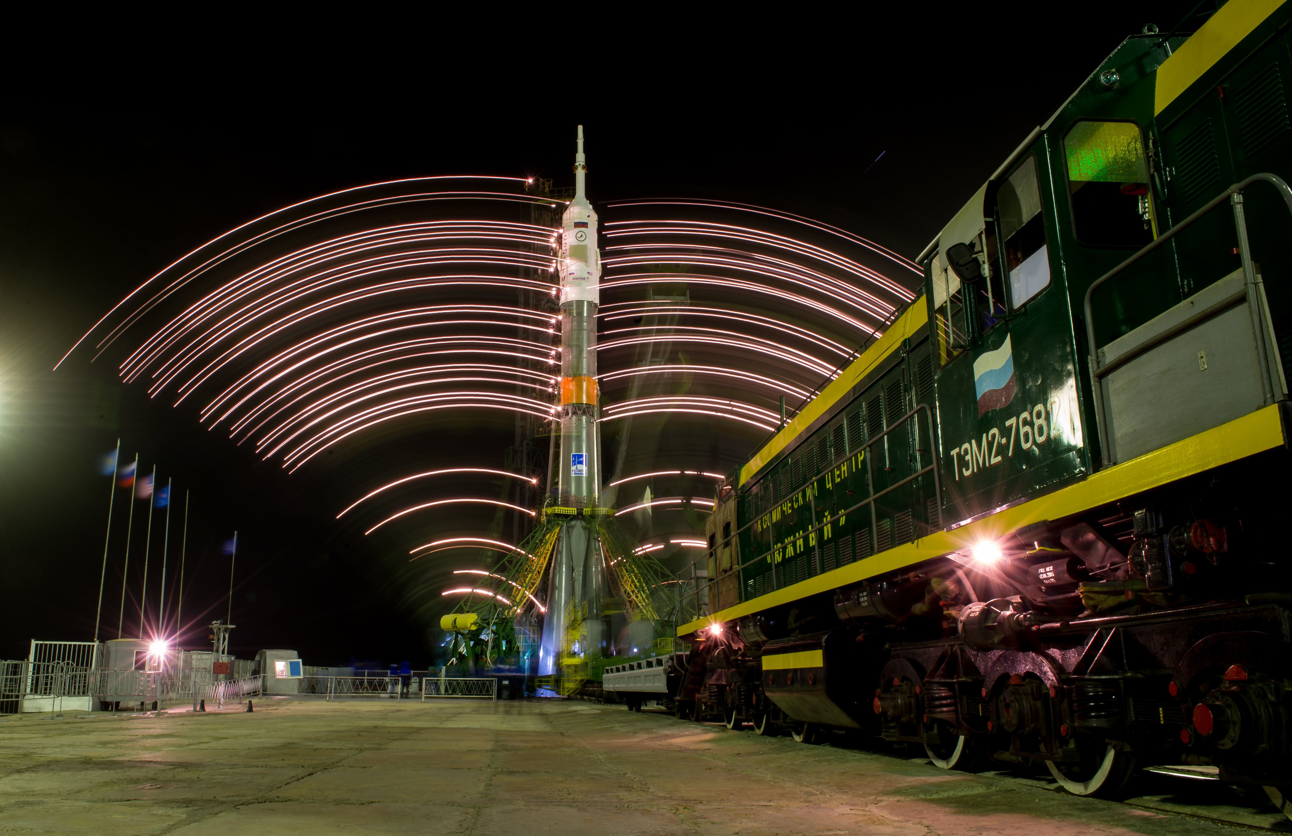 General 4304x2785 night lights train Baikonur Cosmodrome Kazakhstan rocket Russian long exposure light trails Soyuz vehicle numbers