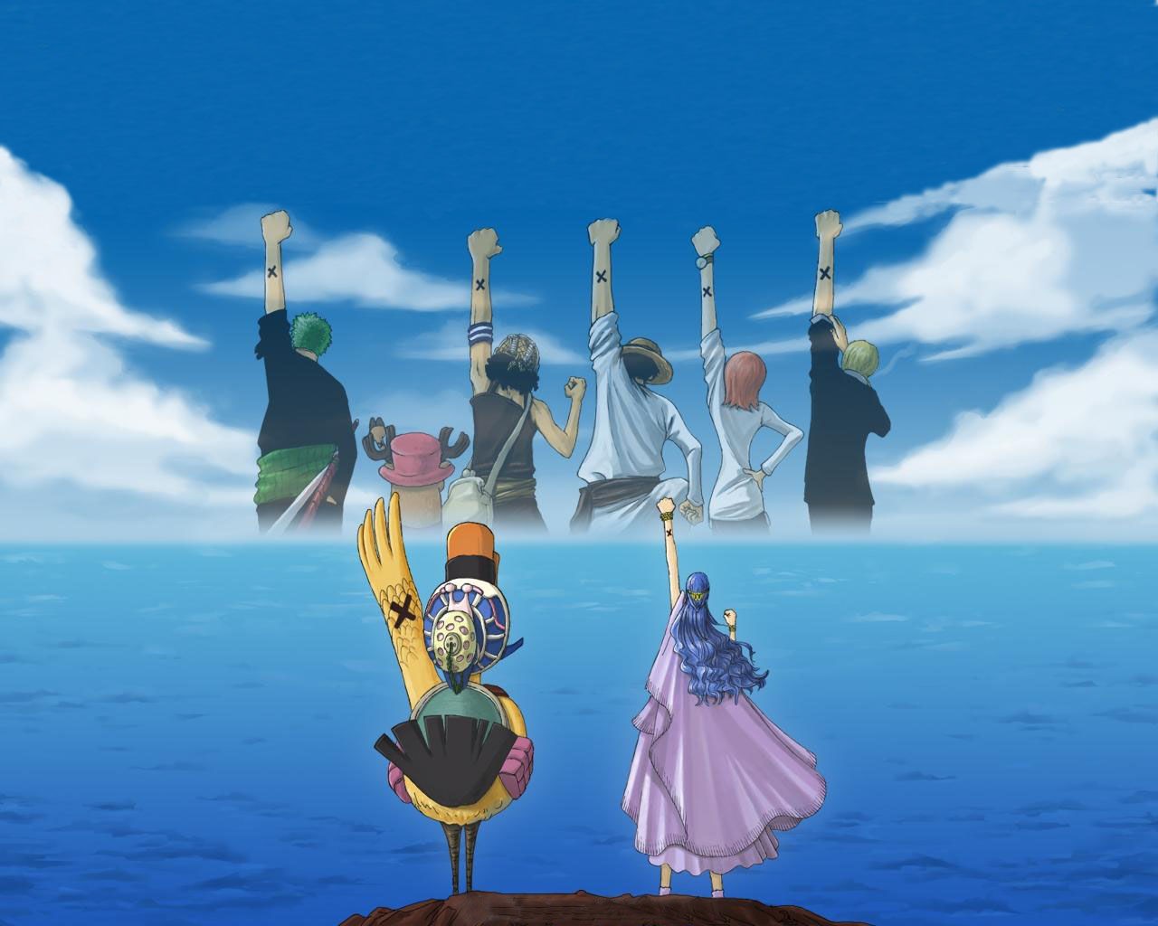 Anime 1280x1024 One Piece Roronoa Zoro Tony Tony Chopper Usopp Monkey D. Luffy Nami Sanji Vivi Alhazerd anime sky