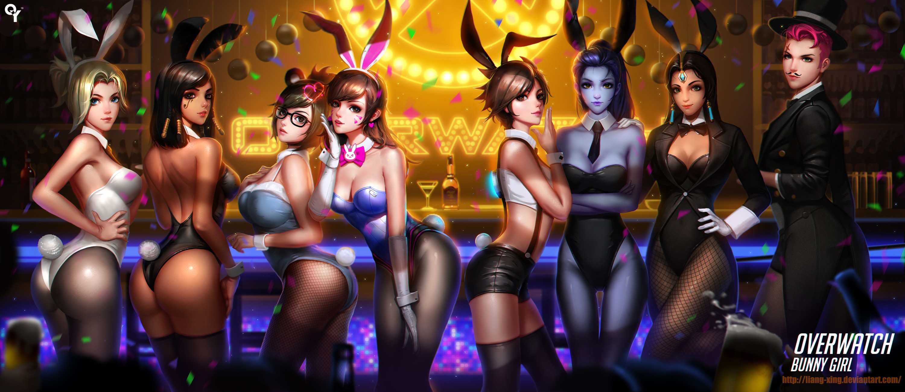 General 3000x1300 Widowmaker (Overwatch) bunny girl bunny ears Mercy (Overwatch) bare midriff bunny suit sleeveless cuffs Jason Liang video game characters women bodysuit Symmetra (Overwatch) Pharah (Overwatch) Tracer (Overwatch) Zarya (Overwatch) ass Overwatch short hair open shirt PC gaming long hair Mei (Overwatch) thigh-highs bunny tail standing video game girls fishnet group of women thighs D.Va (Overwatch) watermarked top hat digital art video games arched back boobs
