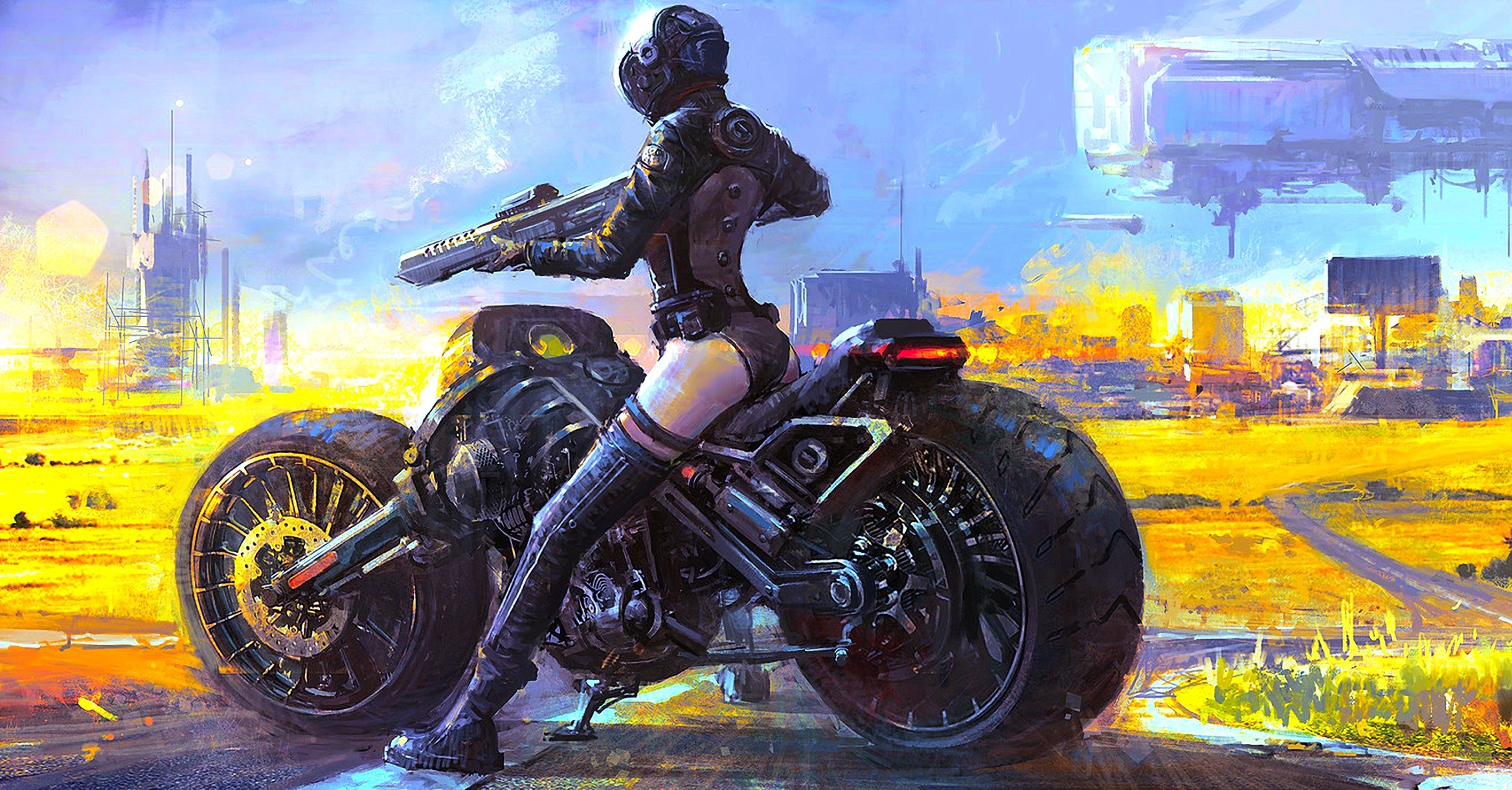 General 2335x1219 science fiction futuristic artwork vehicle motorcycle girls with guns science fiction women women with motorcycles black motorcycles weapon women