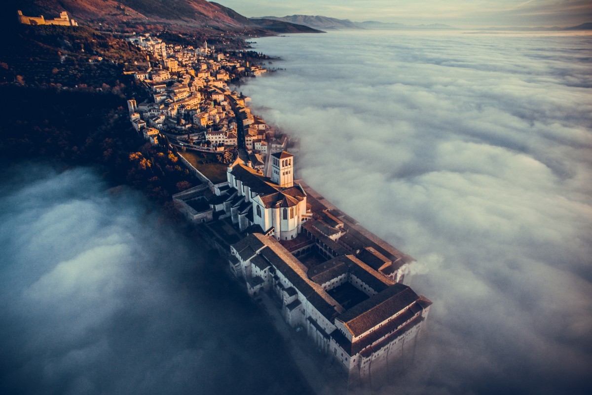 General 1200x800 clouds aerial view contests photography old building church rooftops hills Italy mist