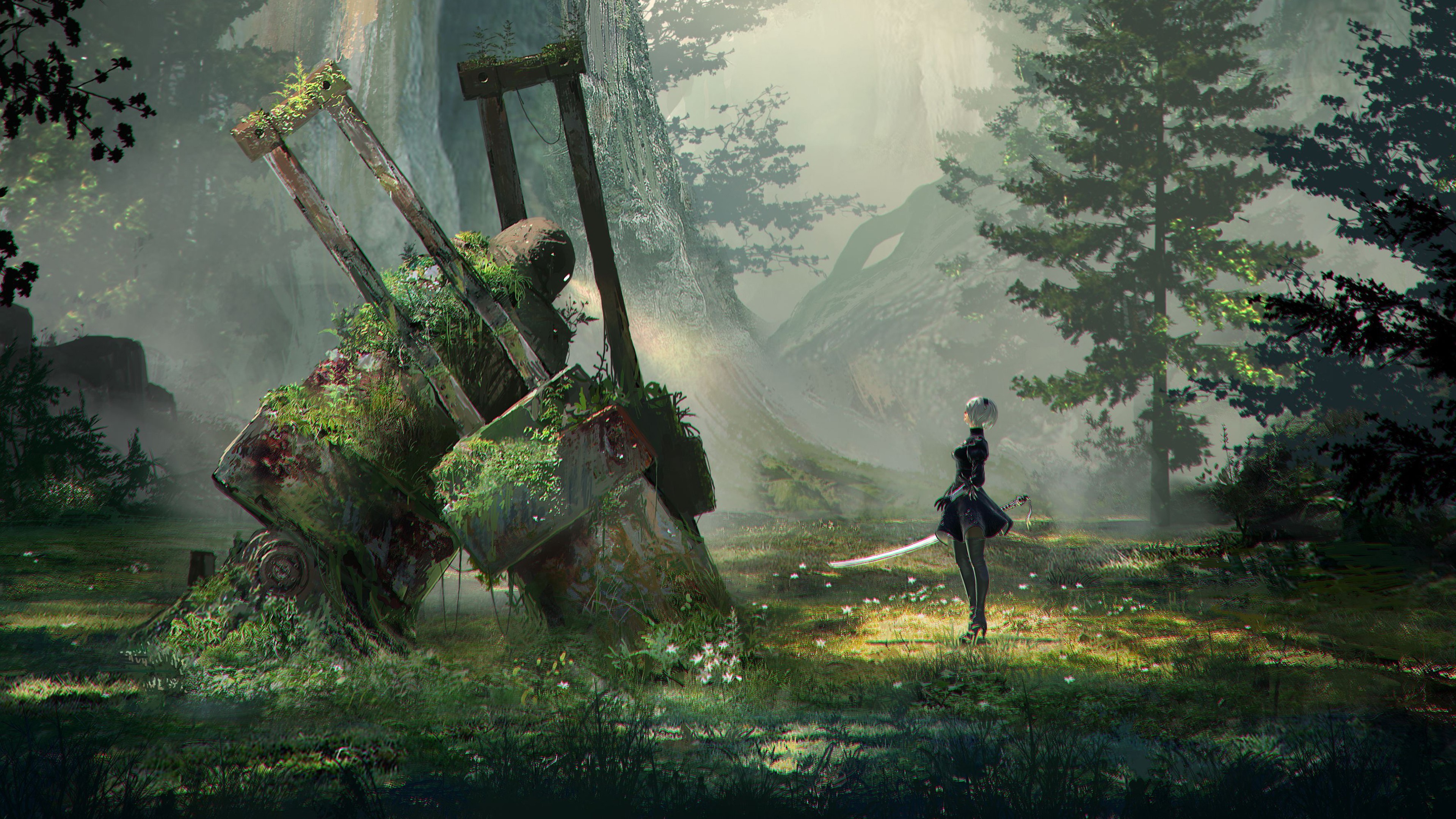 General 3840x2160 video games Nier Nier: Automata 2B (Nier: Automata) video game characters fantasy girl robot environment forest video game girls women with swords