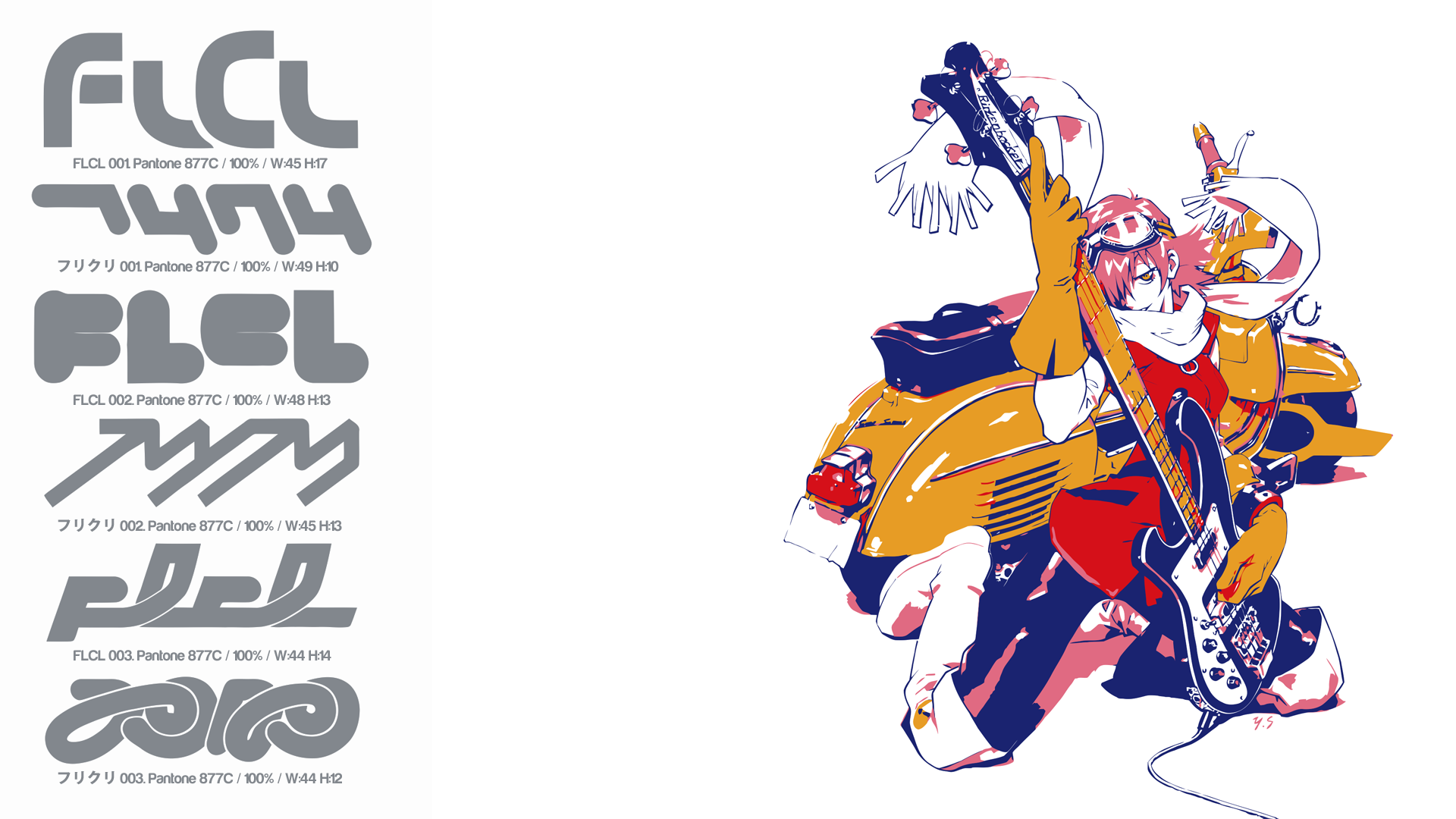 Anime 1920x1080 FLCL Haruhara Haruko anime guitar scooters women with scooters numbers white background simple background vehicle kneeling pink hair musical instrument anime girls hair in face