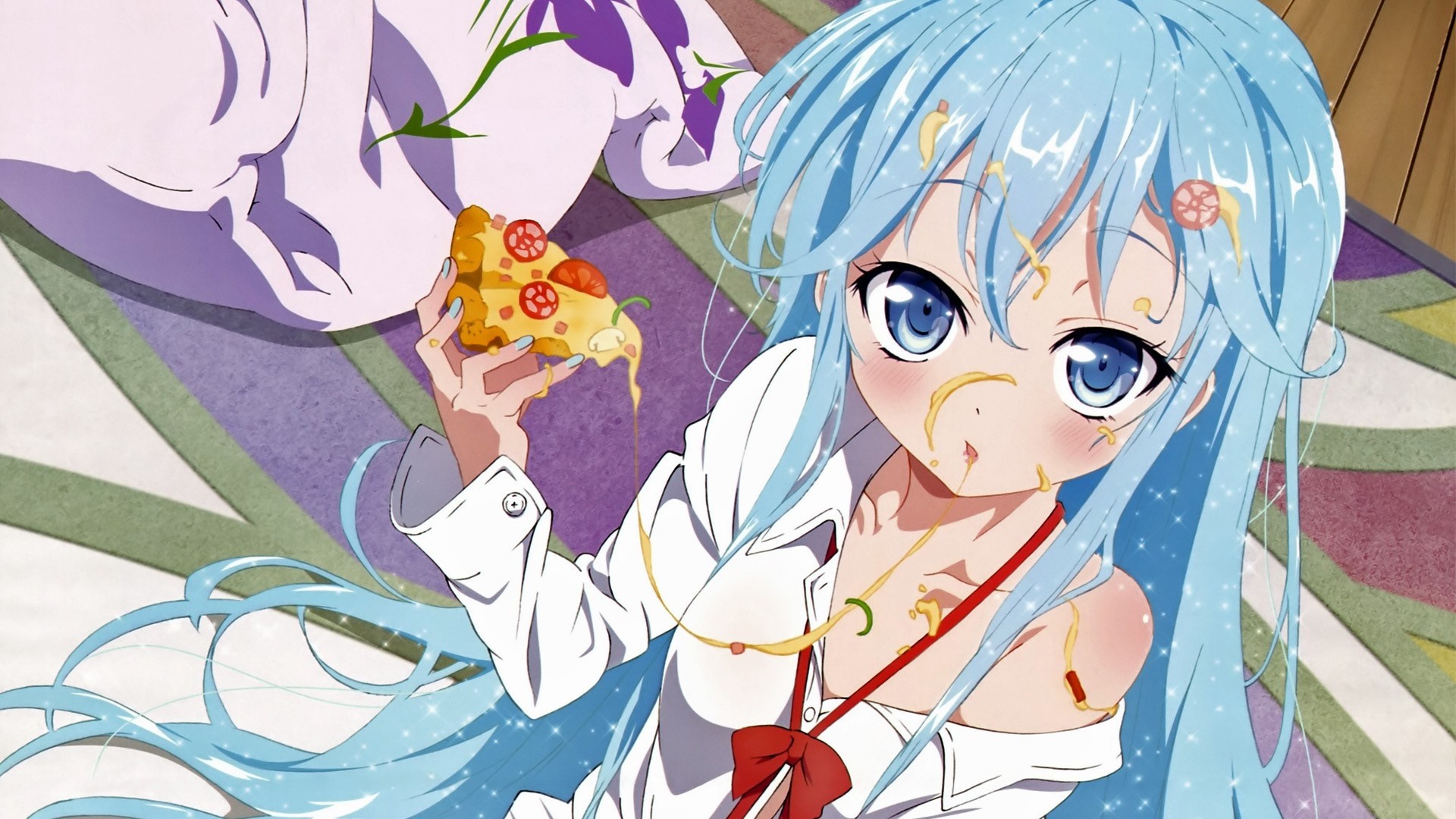 Anime 1920x1080 anime anime girls blue eyes food pizza cheese tomatoes blue hair Denpa Onna To Seishun Otoko anime girls eating