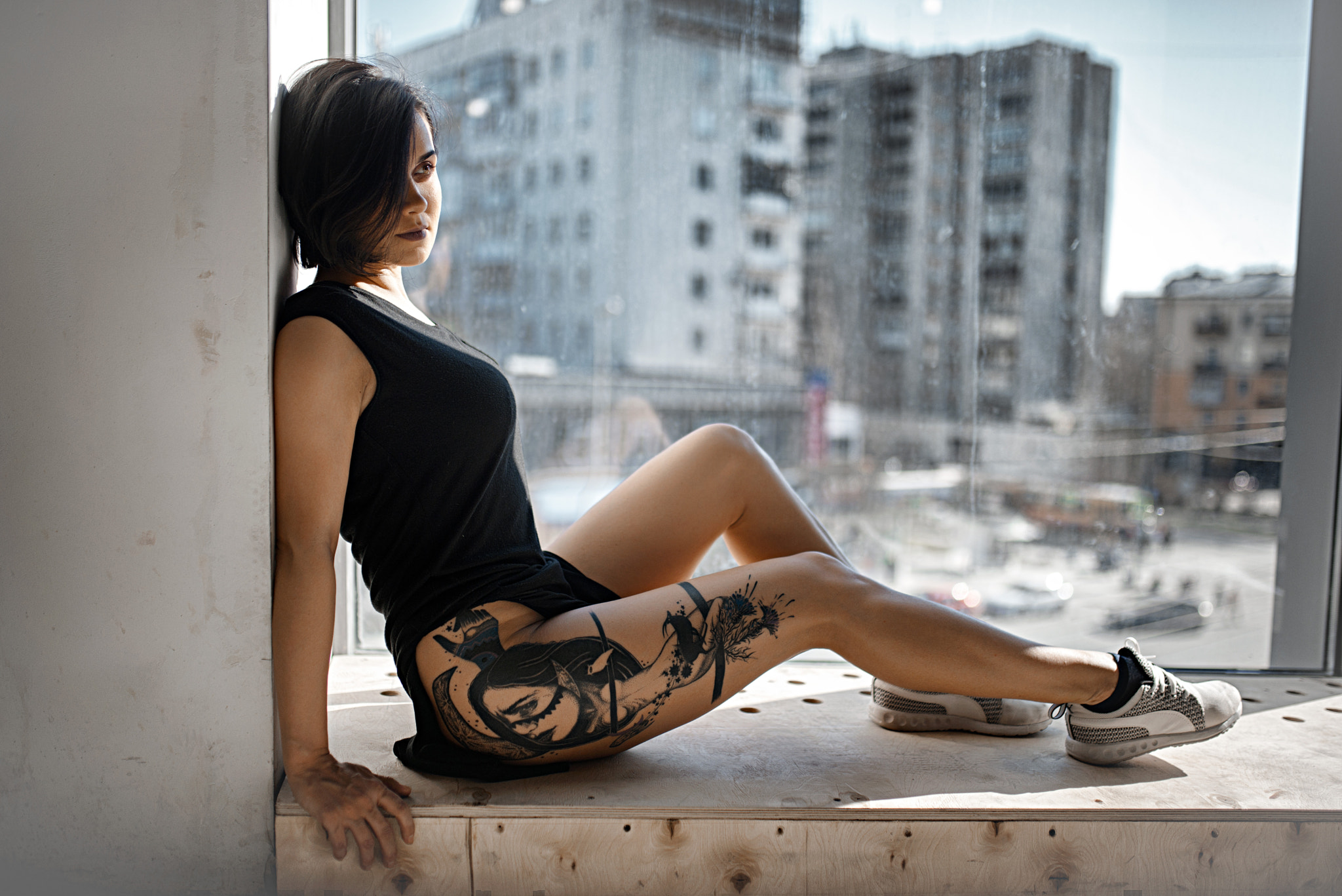 People 2048x1367 women tattoo sitting brunette sneakers window sill black dress portrait