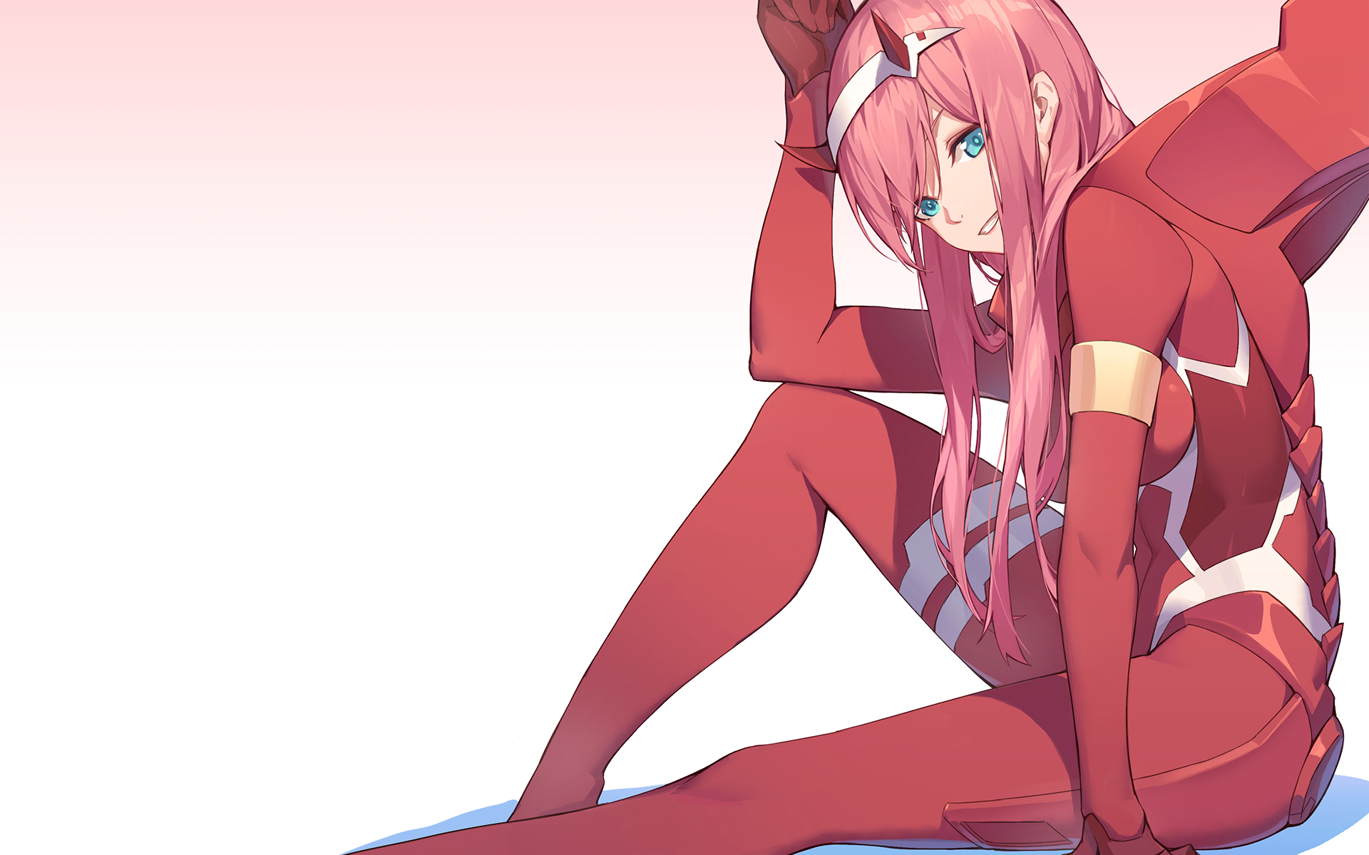 Anime 1920x1200 digital art artwork pink hair green eyes Darling in the FranXX Zero Two (Darling in the FranXX) anime anime girls mecha girls bodysuit long hair simple background horns tight clothing looking at viewer smiling