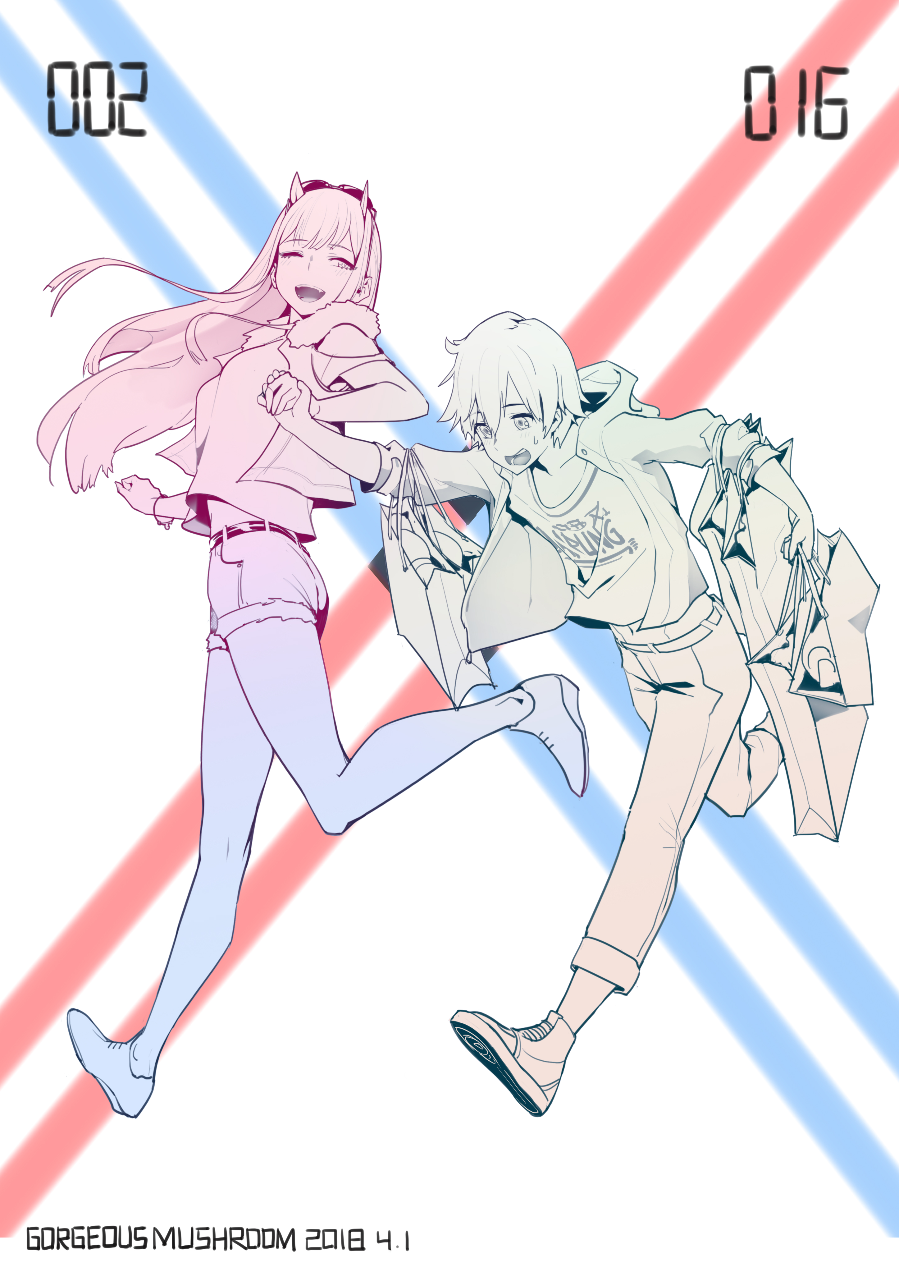 Anime 2894x4093 Darling in the FranXX Zero Two (Darling in the FranXX) Code:016 (Hiro)  simple background 2D running white t-shirt thighs sideboob jean shorts holding hands open mouth happy face one eye closed blushing long hair short hair horns belly anime boys anime girls fan art anime portrait display sweatdrop open jacket Gorgeous Mushroom couple looking below demon horns