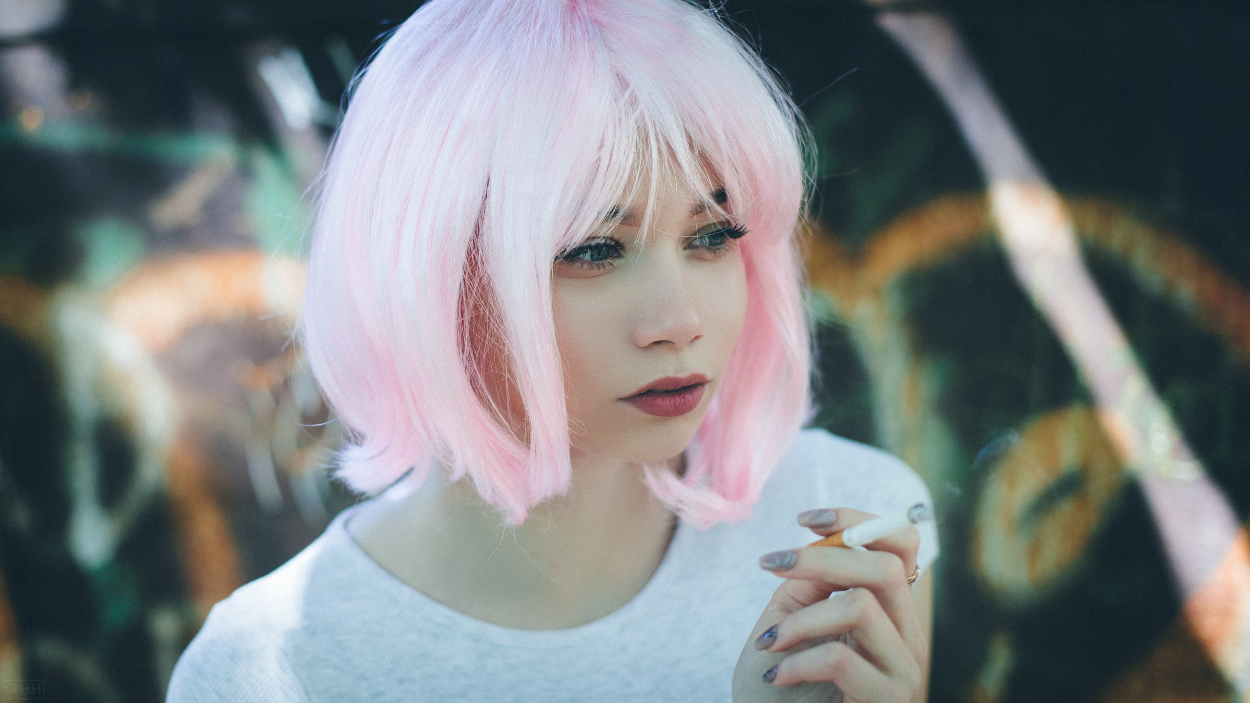 People 2560x1440 women dyed hair pink hair smoking face portrait looking away cigarettes Ivan Shcheglov shoulder length hair painted nails closeup