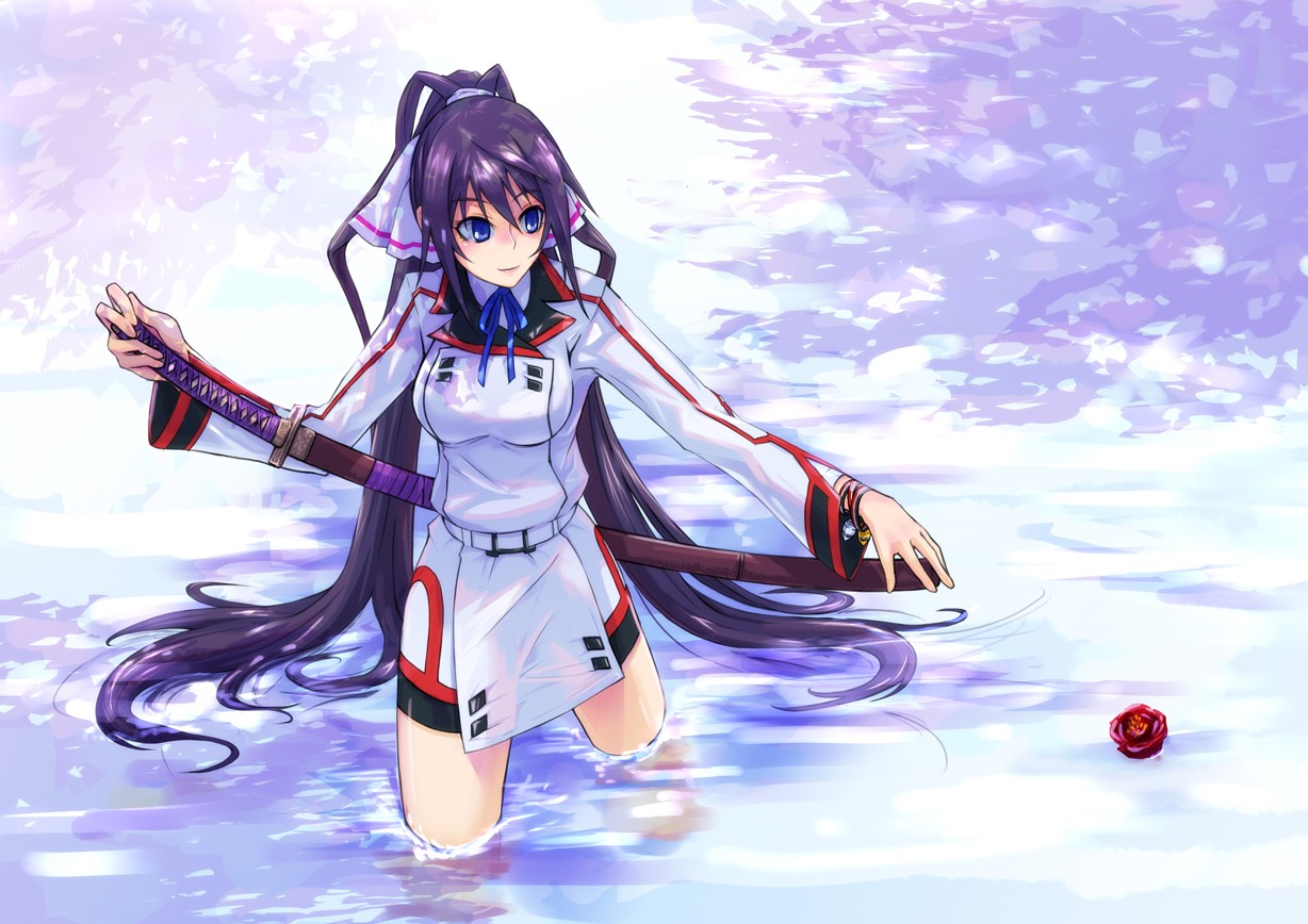 Anime 1228x868 anime Infinite Stratos anime girls purple hair long hair katana sword water