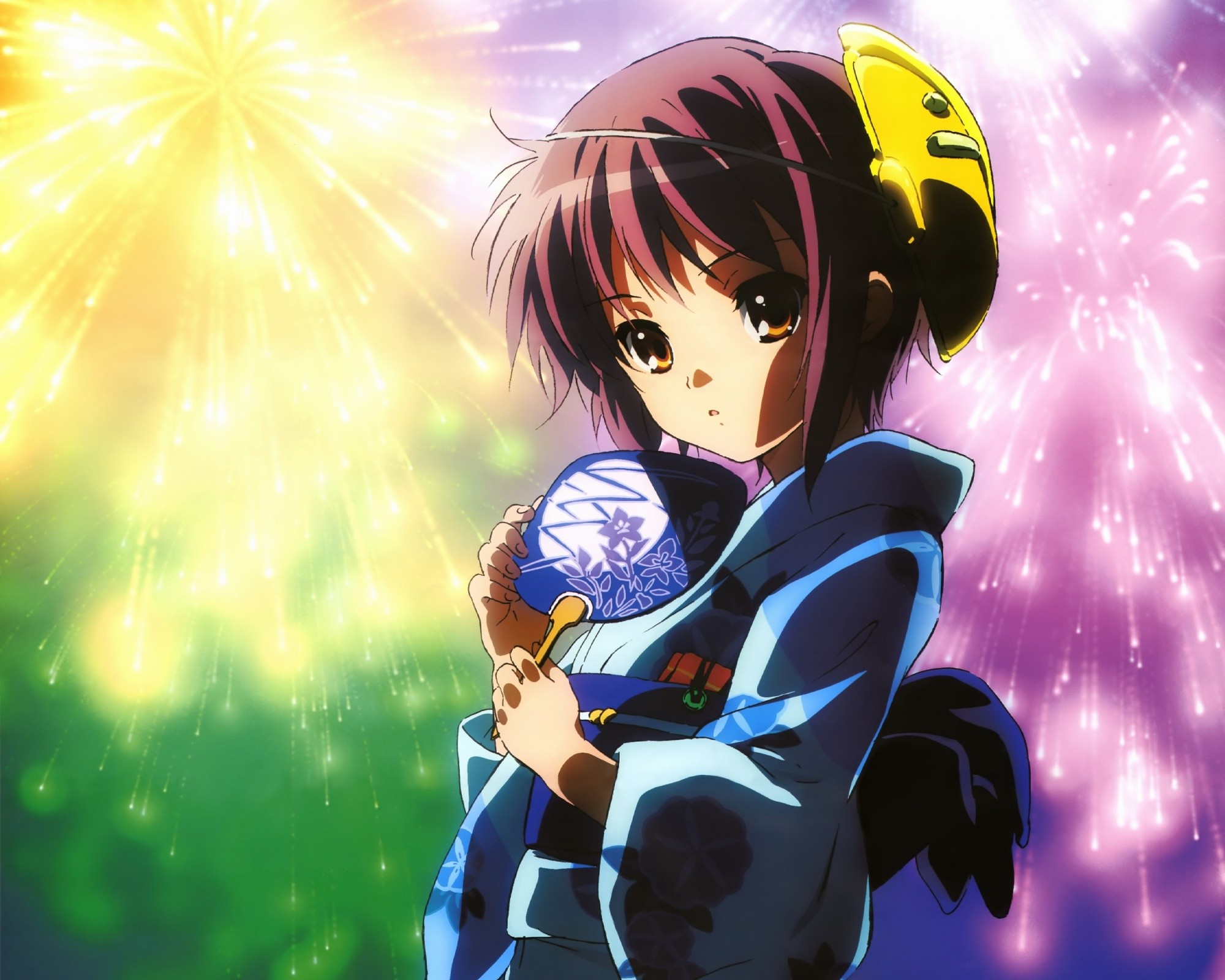 Anime 2000x1600 anime The Melancholy of Haruhi Suzumiya Nagato Yuki anime girls Japanese clothes fireworks