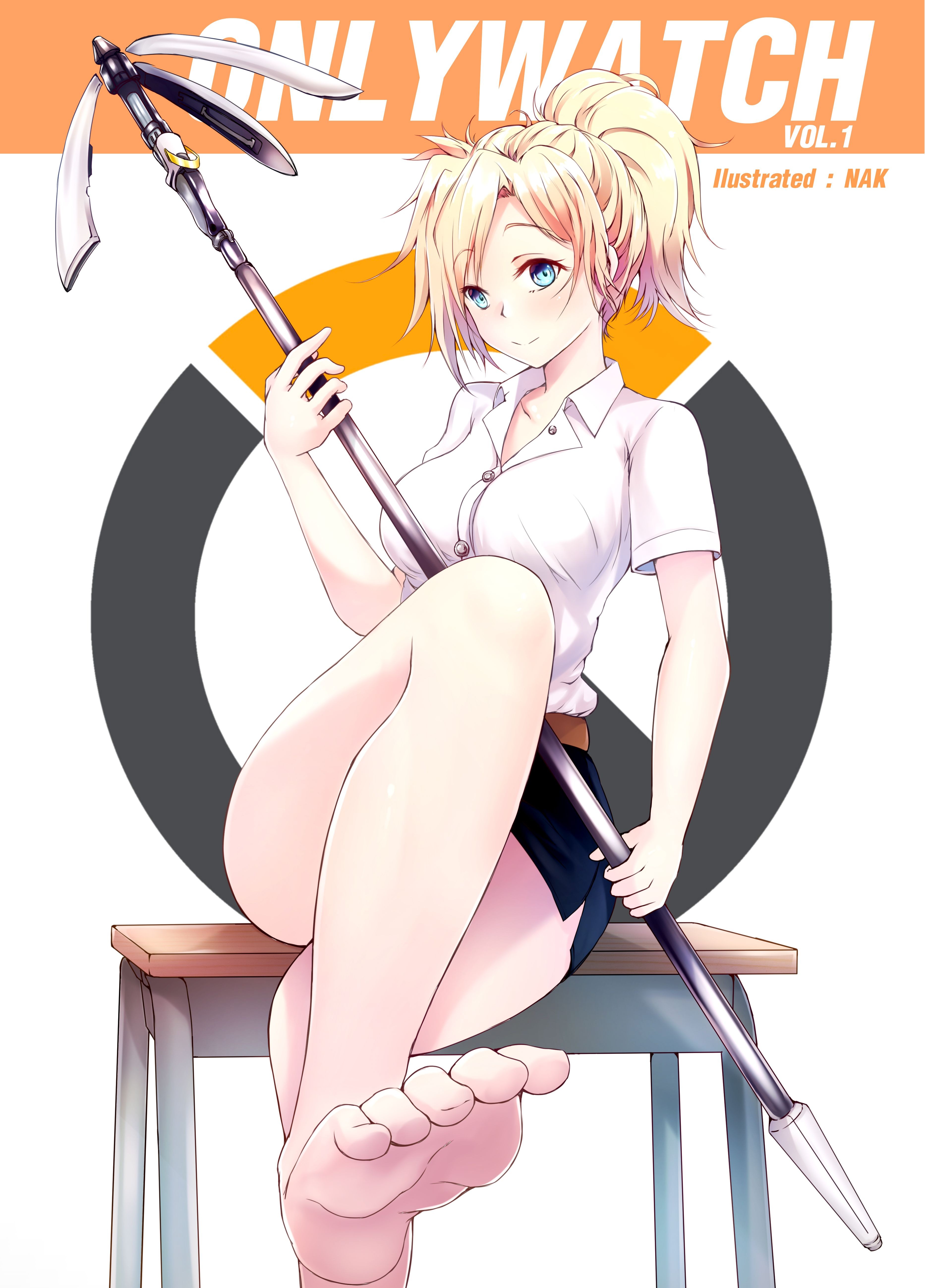 Anime 3732x5197 anime anime girls Overwatch Mercy (Overwatch) feet weapon short hair blonde blue eyes skirt