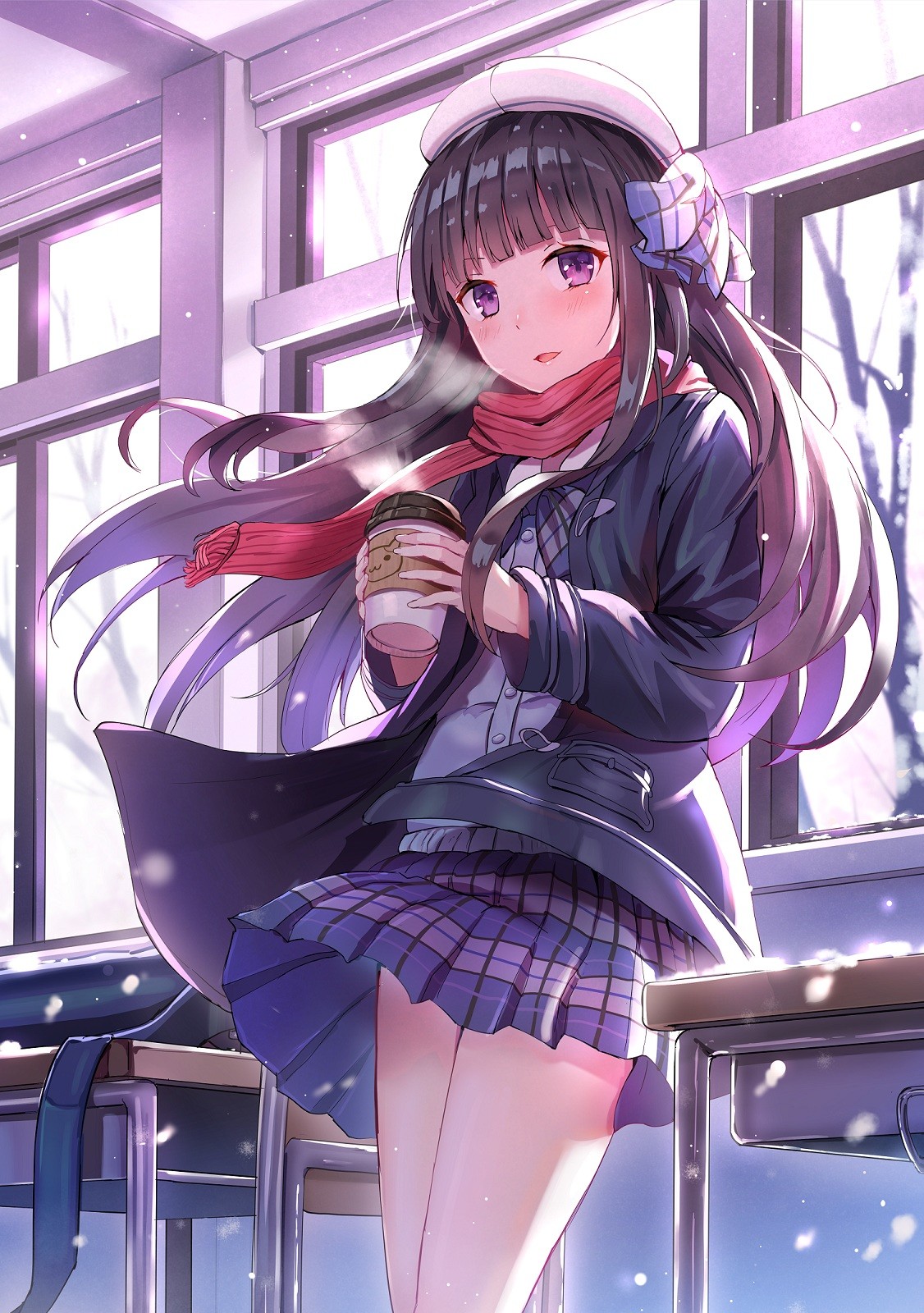 Anime 1126x1600 anime anime girls long hair brunette purple eyes coffee skirt