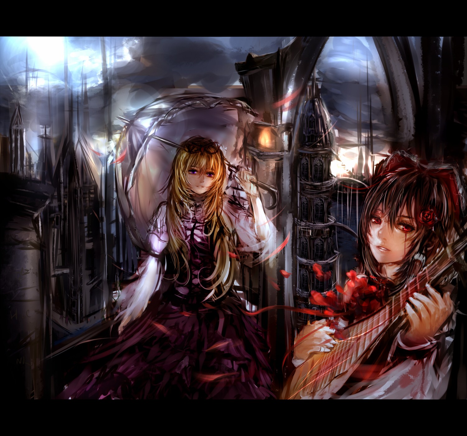 Anime 1500x1400 anime girls Yakumo Yukari anime red eyes musical instrument umbrella two women women with umbrella Pixiv dress looking at viewer