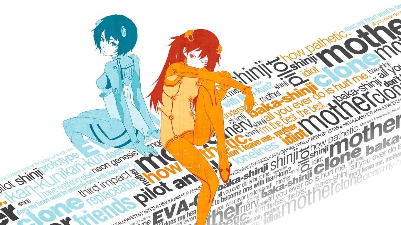 Anime 1366x768 anime Neon Genesis Evangelion Asuka Langley Soryu Ayanami Rei orange blue text