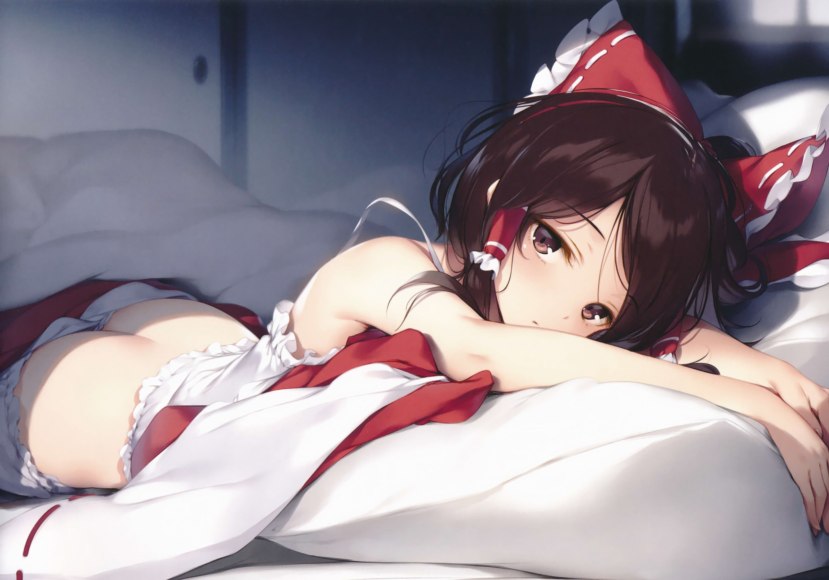 Anime 3440x2406 anime anime girls bloomers cropped brunette brown eyes ass miko Japanese clothes Touhou ke-ta Hakurei Reimu lying on front small ass