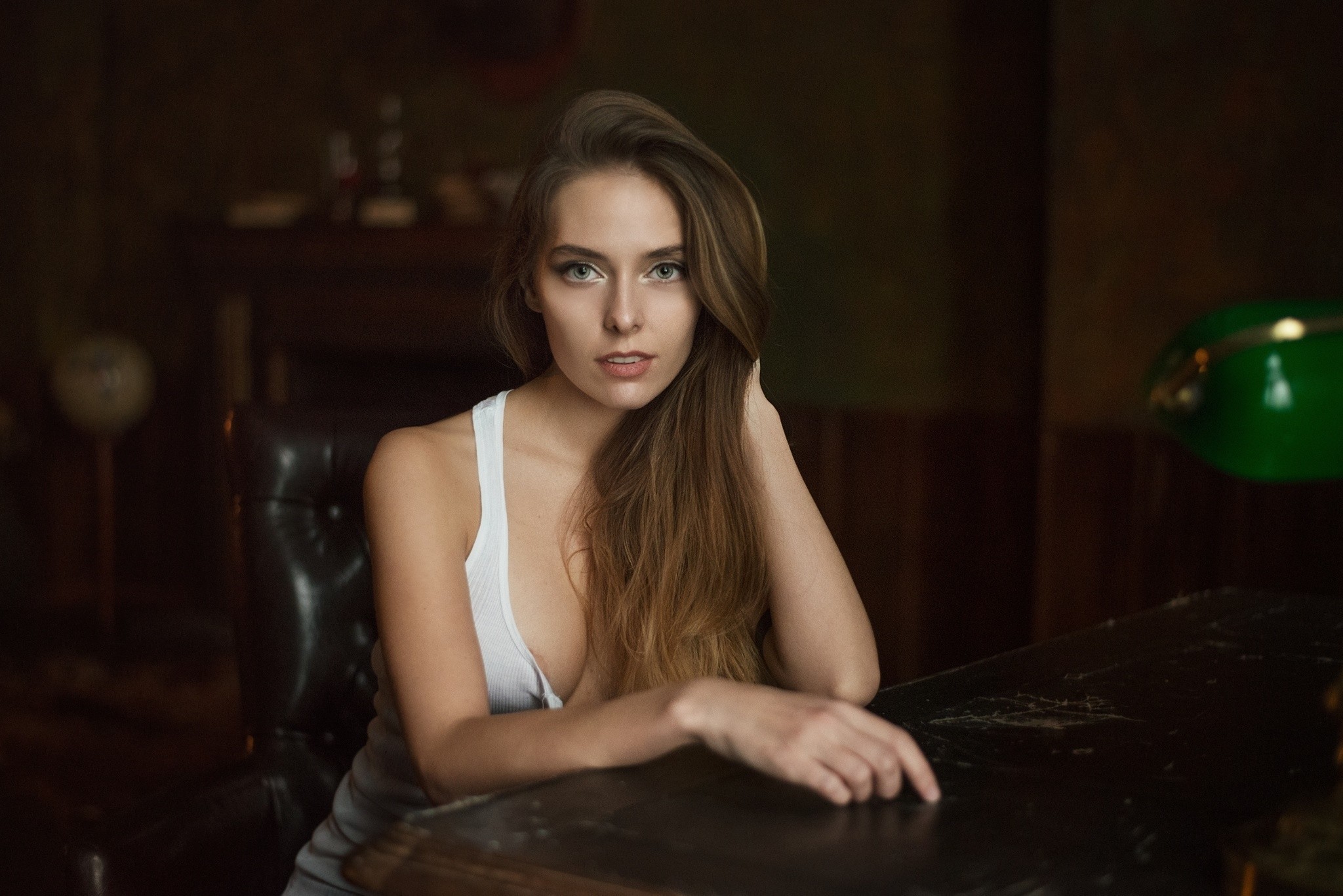 People 2048x1367 Amina Katinova women portrait Maxim Maximov table Caucasian white dress leather chair indoors touching hair open mouth makeup looking at viewer white clothing gray eyes no bra areola slip model