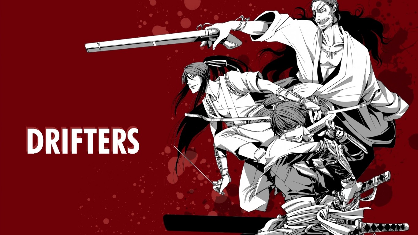 General 1366x768 Drifters anime anime girls anime boys weapon red background