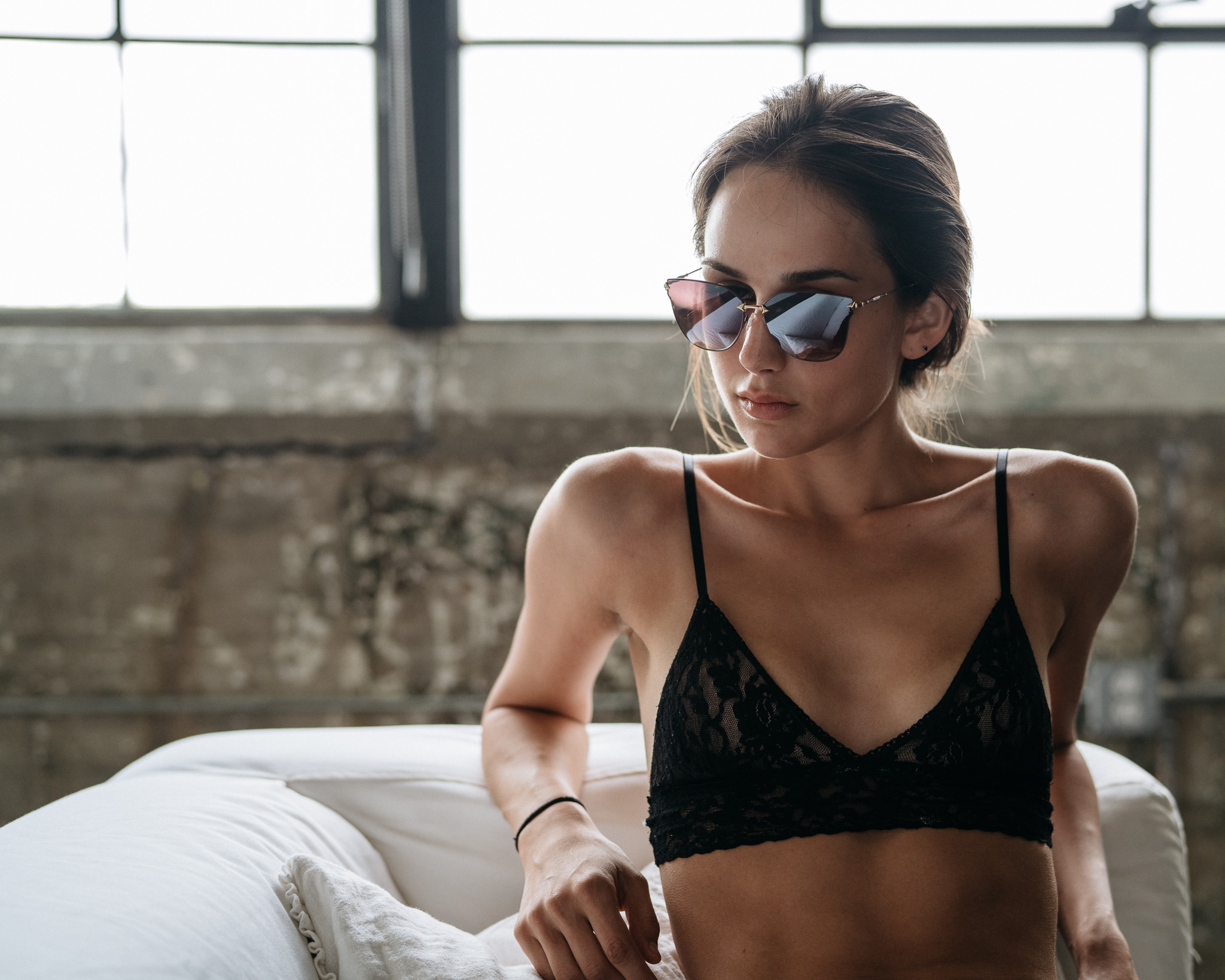People 2048x1638 women brunette sunglasses black bras couch Carl Fehres small boobs lace collarbone women with shades