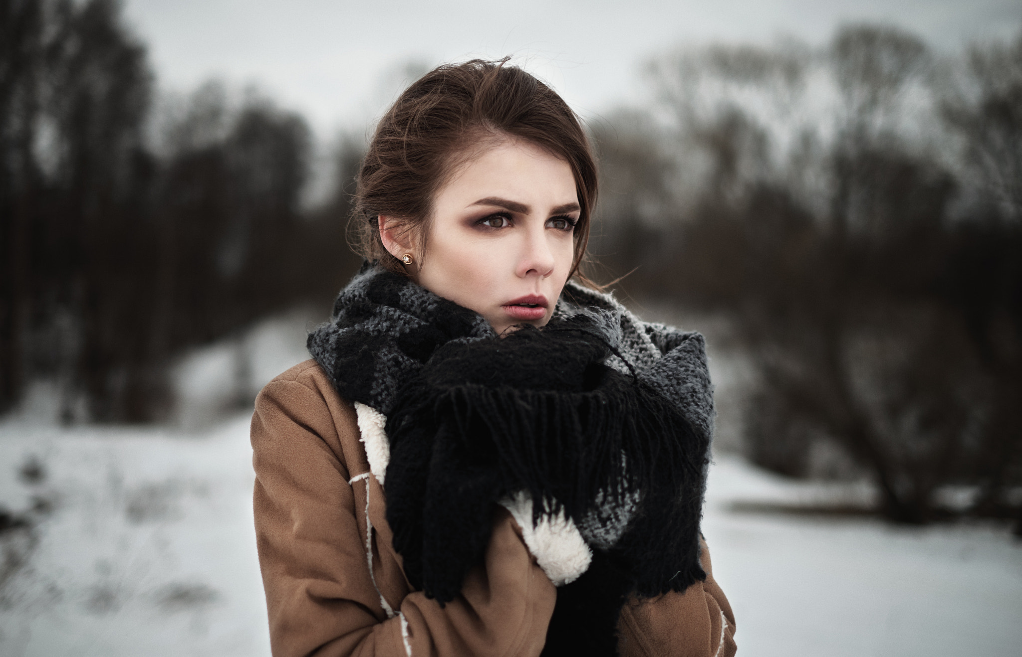 People 2048x1318 women brunette Ilya Varivchenko brown eyes scarf winter looking into the distance jacket brown jacket parted lips model women outdoors