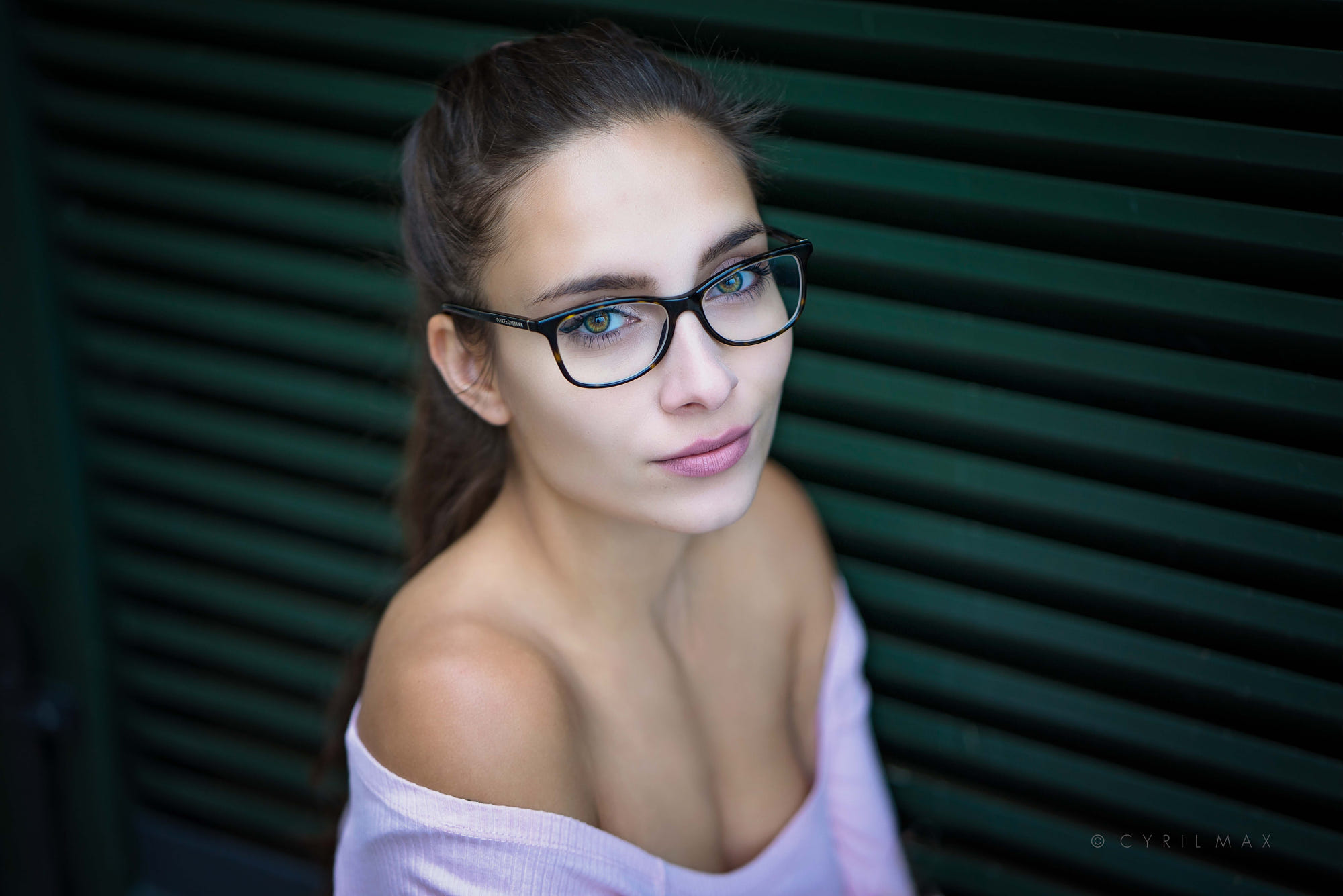People 2000x1335 women brunette women with glasses face green eyes ponytail no bra bare shoulders glasses cleavage portrait smiling depth of field Cyril Max sweater Pavlina